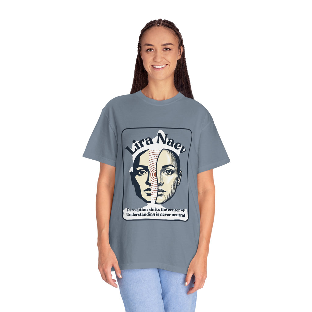 Power Runs Black PRB Lira Naev Split-Face Graphic T-Shirt — “Perception shifts the center” Statement Tee by Printify