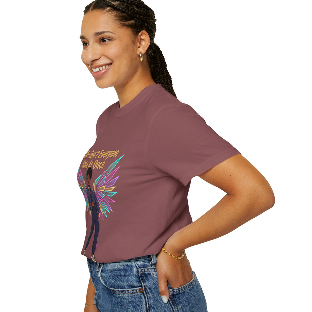 T-Shirt — PSA “Don't Everyone Hate At Once” Angel Wings Graphic Tee by Printify
