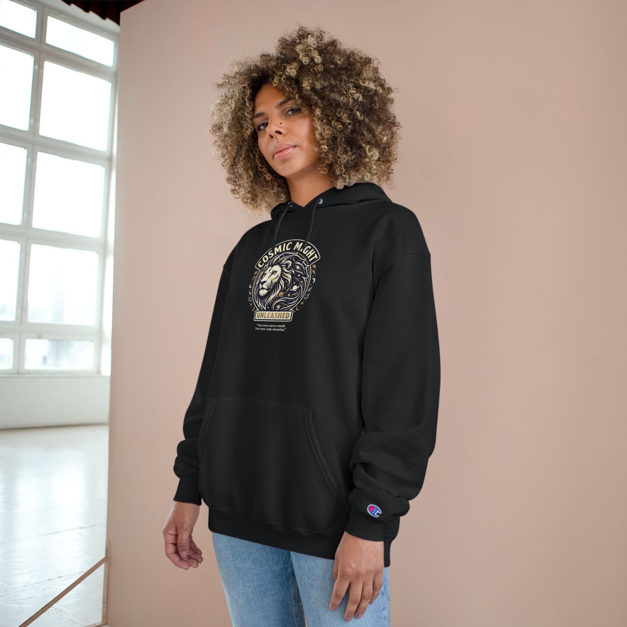 PRB Starforged Flex Cosmic Might Unleashed Lion Crest Hoodie — 'Unleashed' Athletic Champion Graphic Hoodie by Power Runs Black