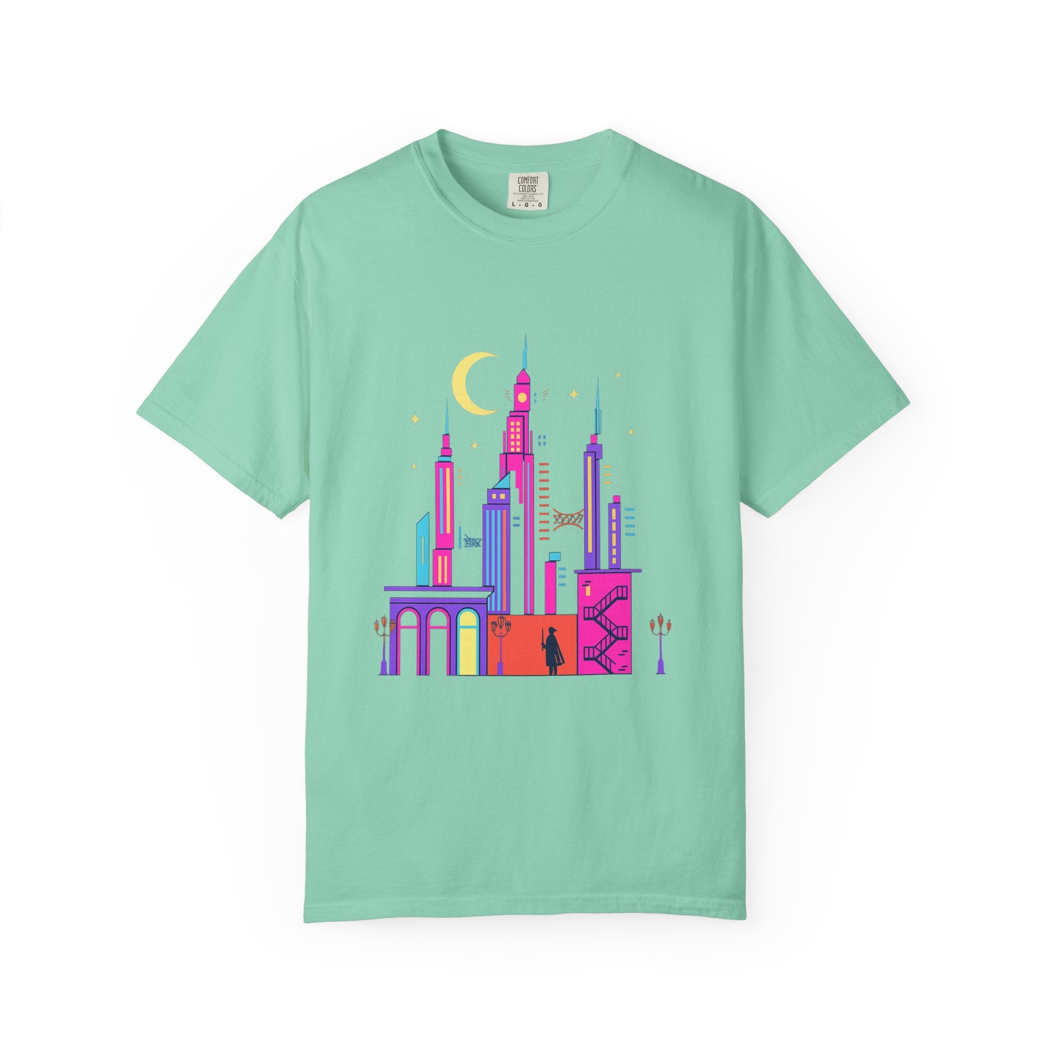 Power Runs Black PRB Neon City Skyline T-shirt | Vibrant Urban Nightscape Tee by Printify