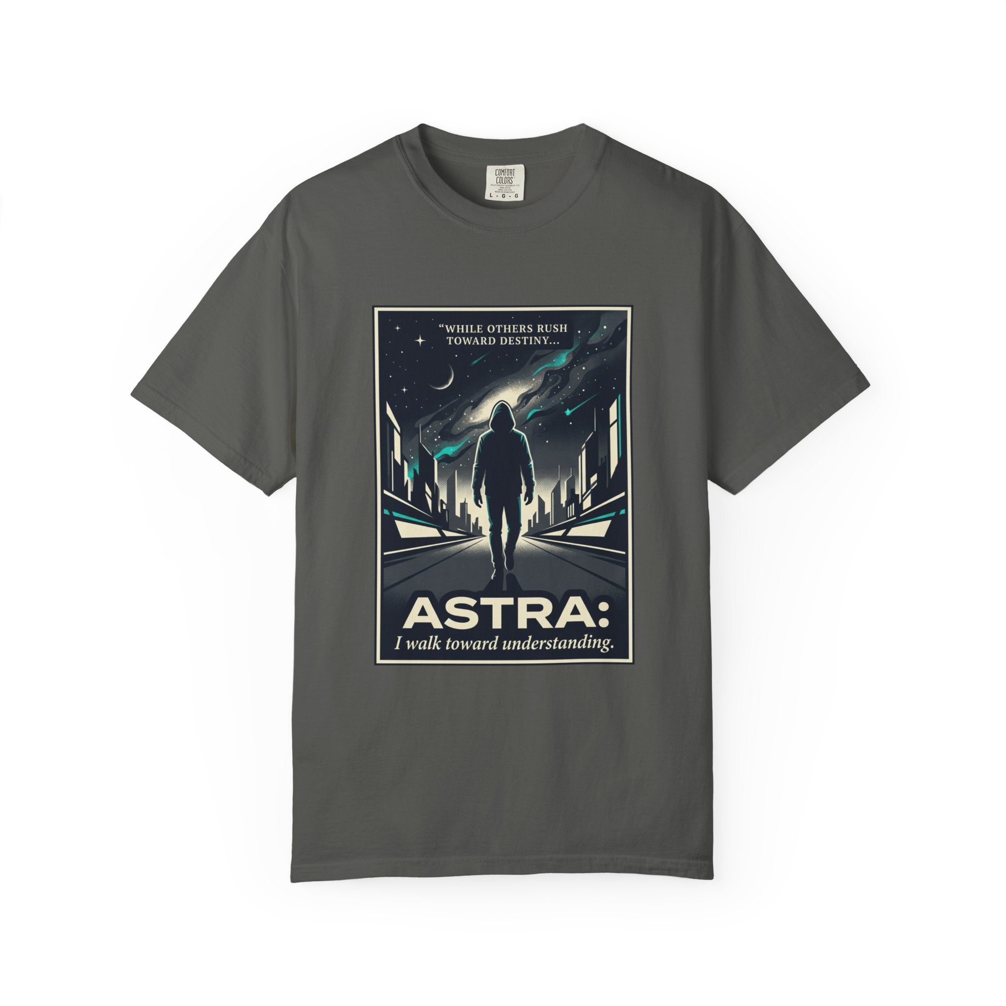 Power Runs Black Astra Sci‑Fi Graphic T-Shirt — "I walk toward understanding" Poster Design by Power Runs Black