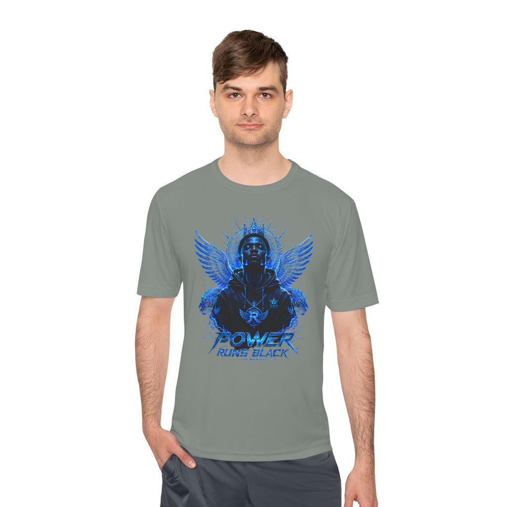 Power Runs Black graphic Tee | Blue angel wings, armored figure, bold script by Power Runs Black