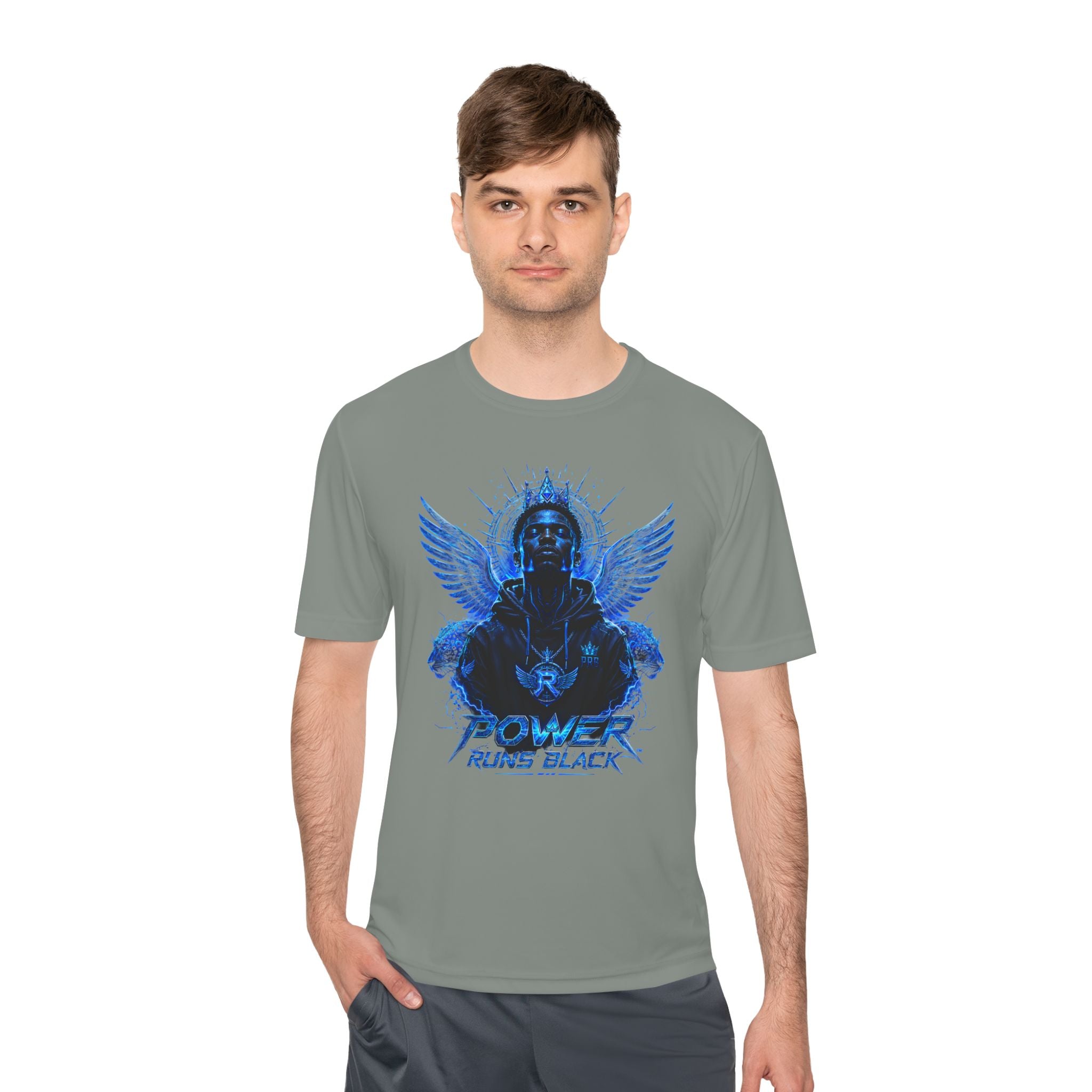 Power Runs Black graphic Tee | Blue angel wings, armored figure, bold script by Power Runs Black