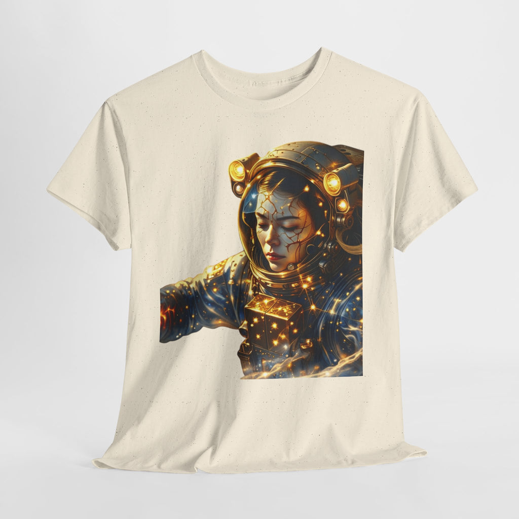 Power Runs Black PRB Golden Astronaut Portrait T-Shirt | Space Helmet Art, Cosmic Lights by Printify