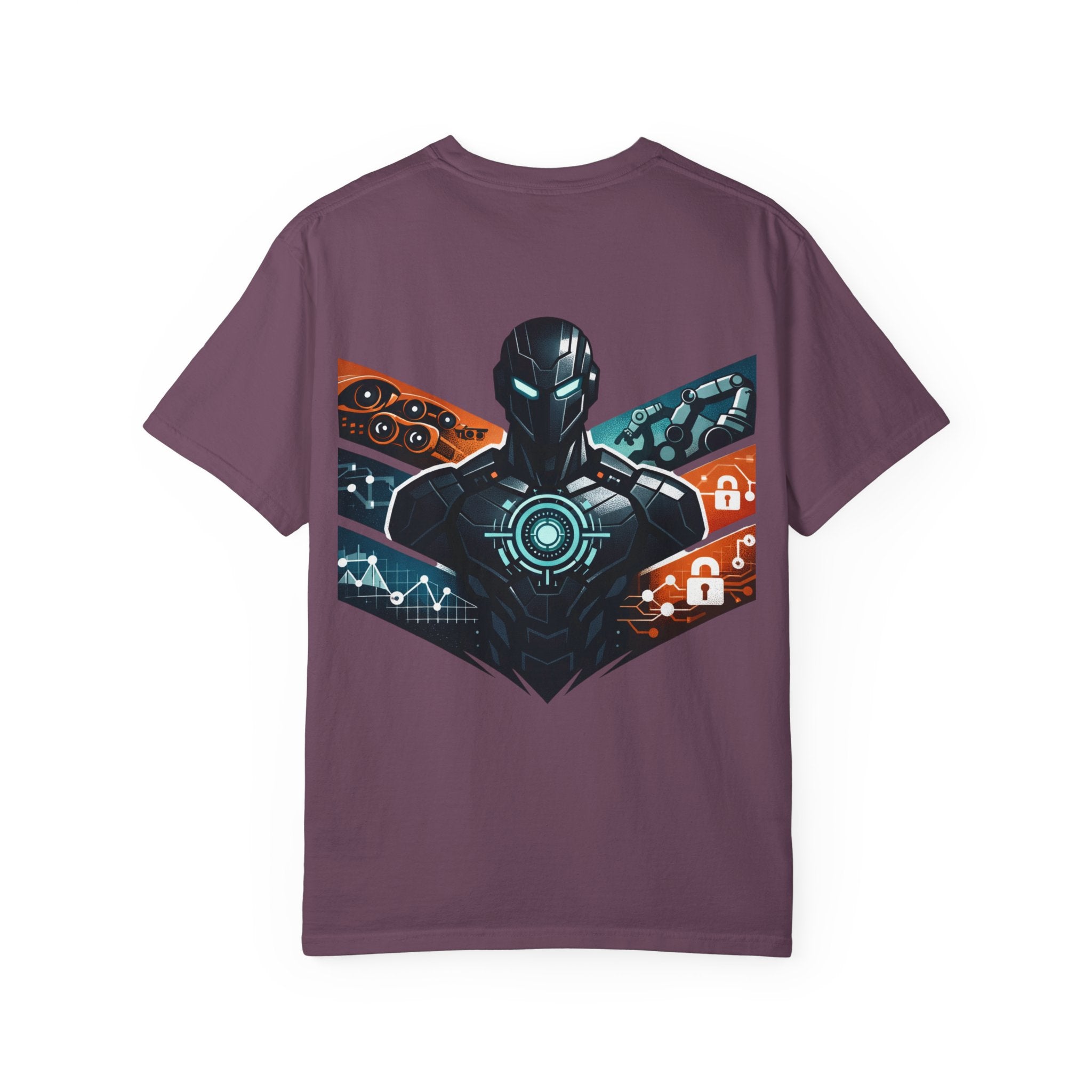 Power Runs Black Cyberframe Unit T-Shirt — Futuristic Tech Armor Graphic Tee by Power Runs Black