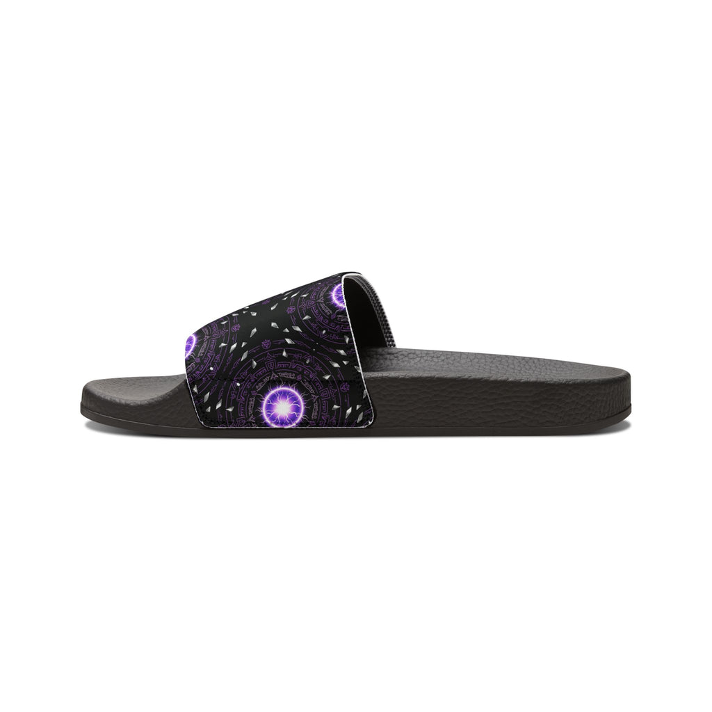 Power Runs Black Men's Removable-Strap Slide Sandals — Purple Cosmic Mandala Pattern by Power Runs Black