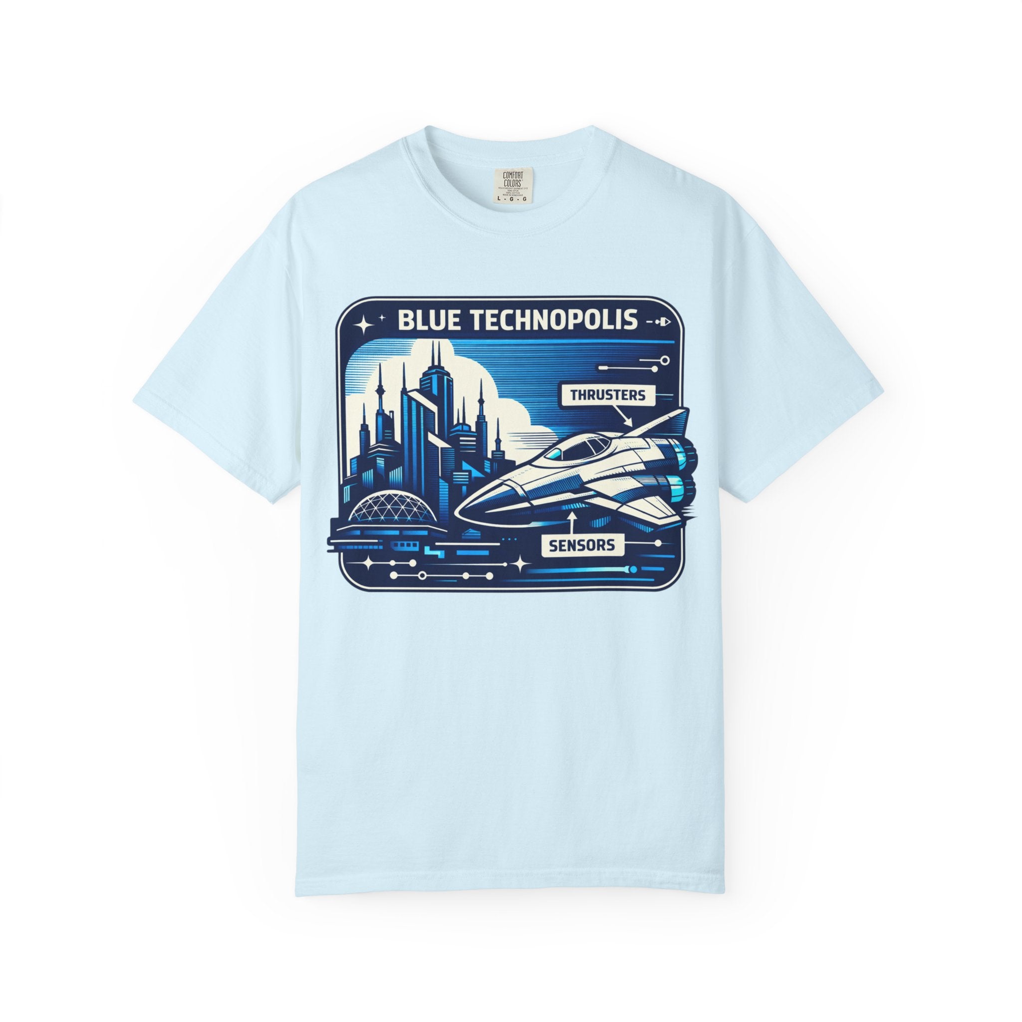 Power Runs Black PRB Technopolis Spacecraft T-Shirt — Blue Technopolis Retro Sci‑Fi Tee by Printify