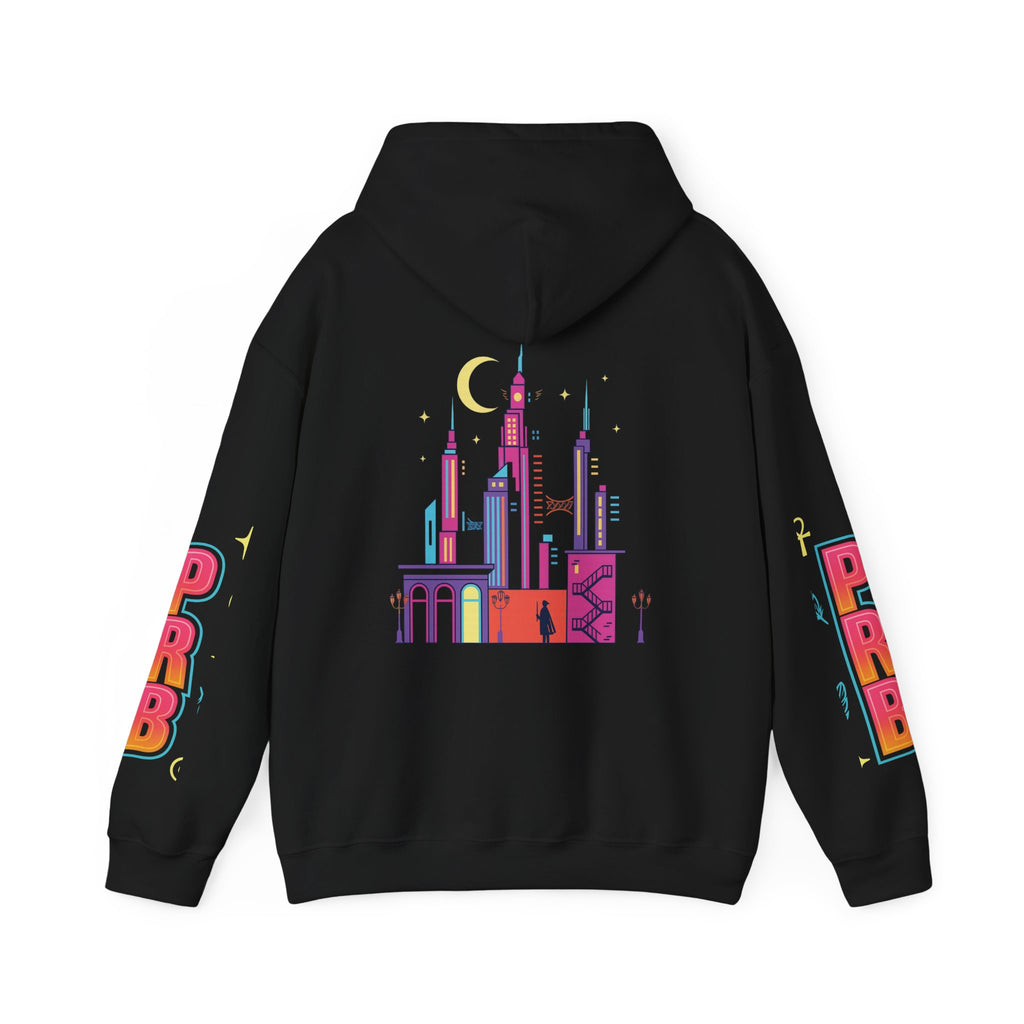 PRB Graphic Hoodie — Colorful Cityscape Pullover by Power Runs Black
