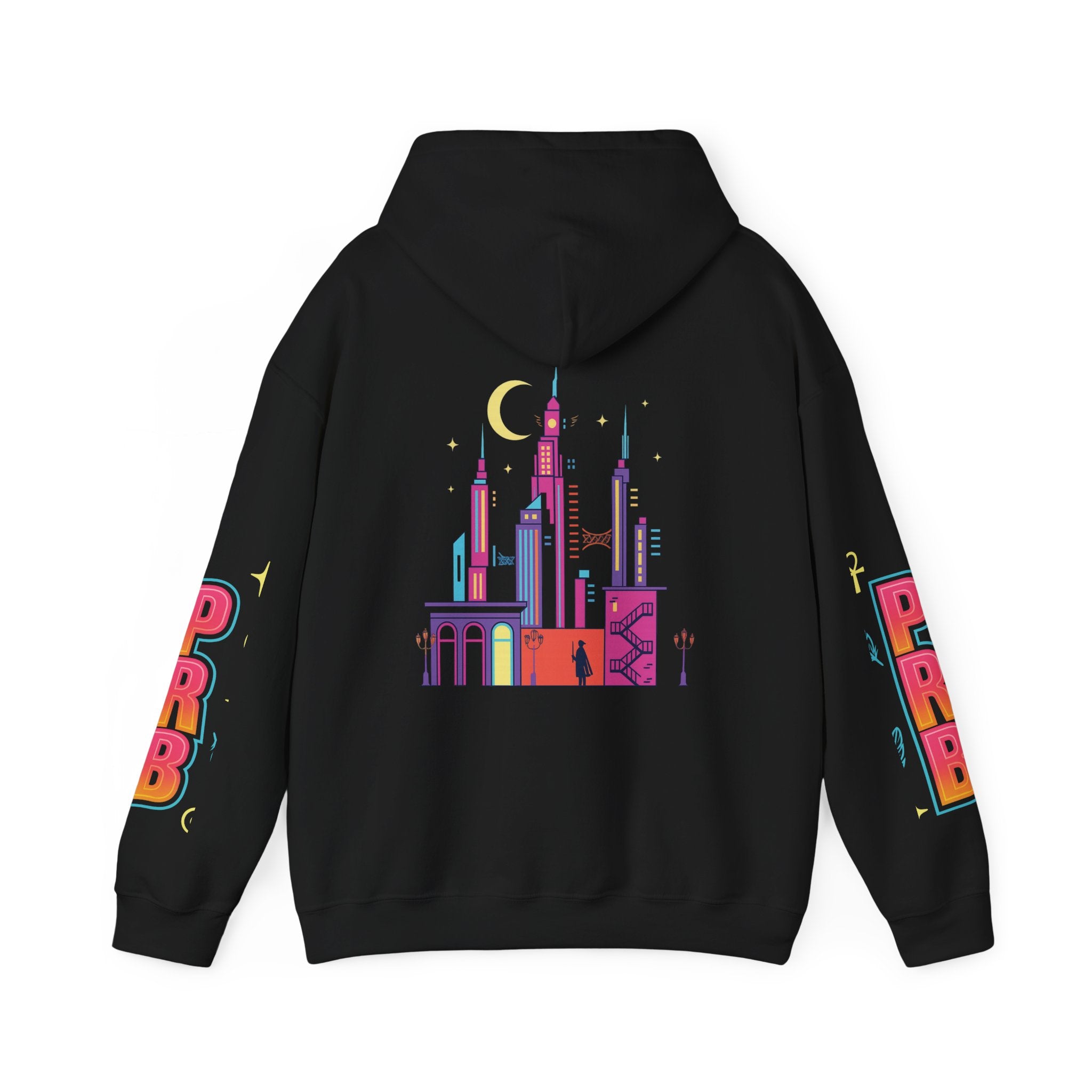 PRB Graphic Hoodie — Colorful Cityscape Pullover by Power Runs Black