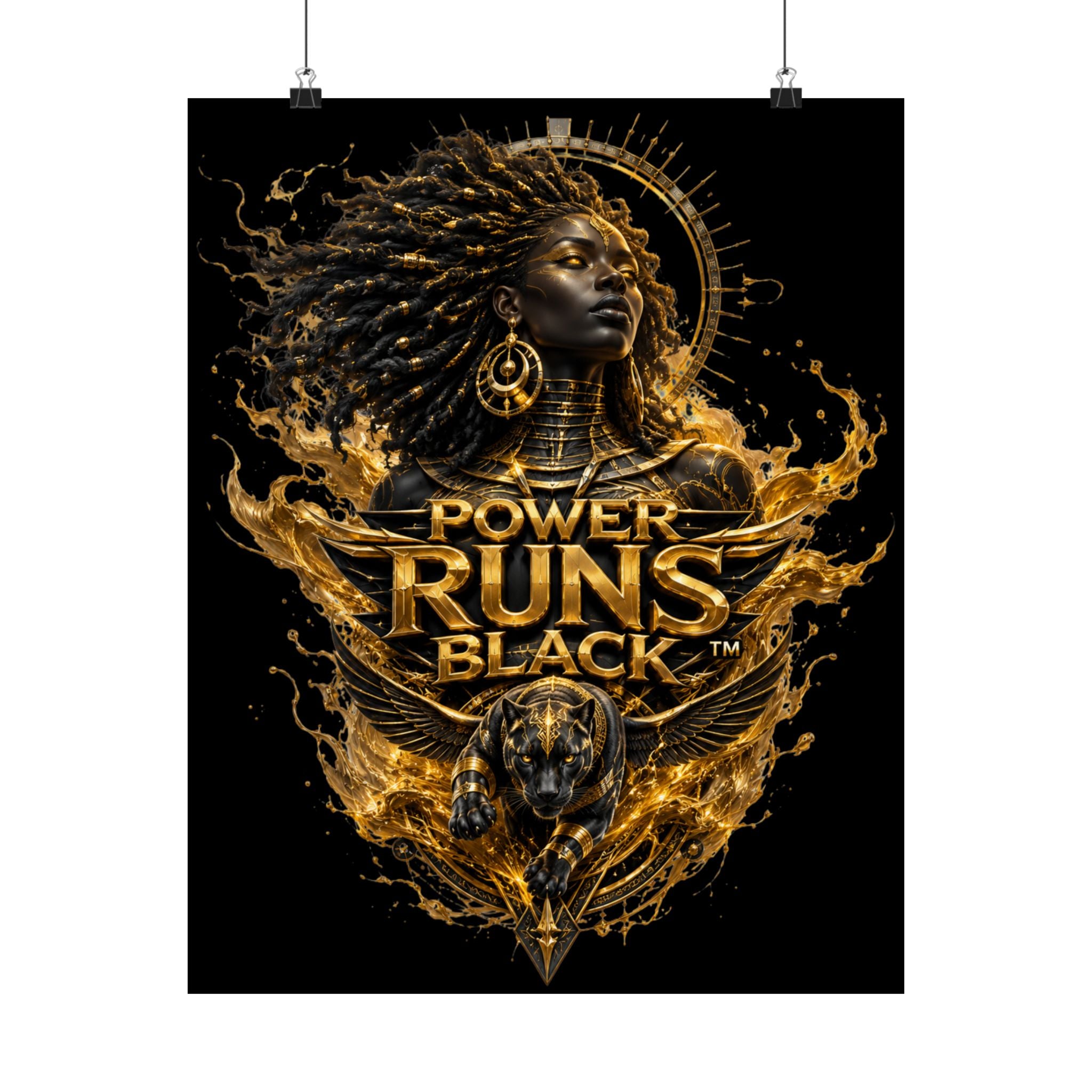 Power Runs Black Matte Poster — Afrocentric Gold Goddess Wall Art by Power Runs Black