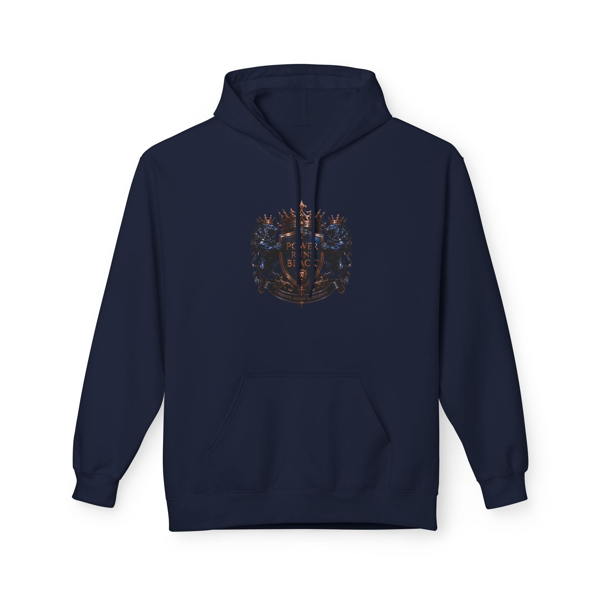 Power Runs Black crest hoodie | medieval shield with lions and wings by Power Runs Black