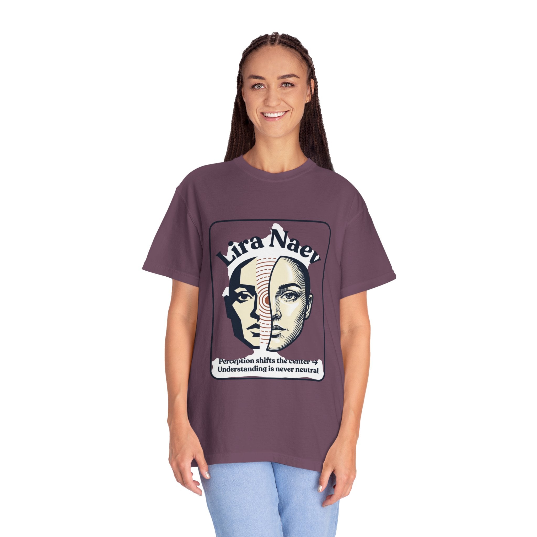 Power Runs Black PRB Lira Naev Split-Face Graphic T-Shirt — “Perception shifts the center” Statement Tee by Power Runs Black