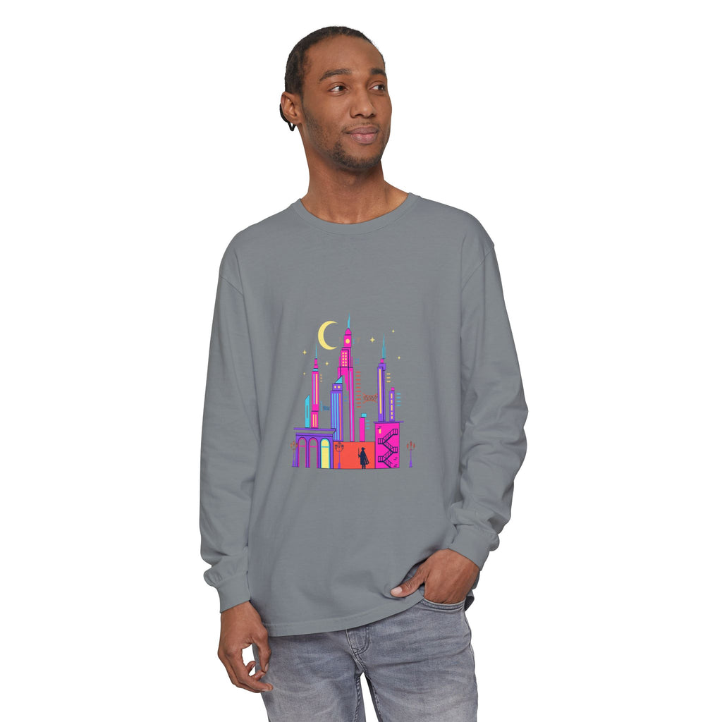 PRB Neon City Skyline Long Sleeve Shirt | Urban Nightscape Illustration by Power Runs Black