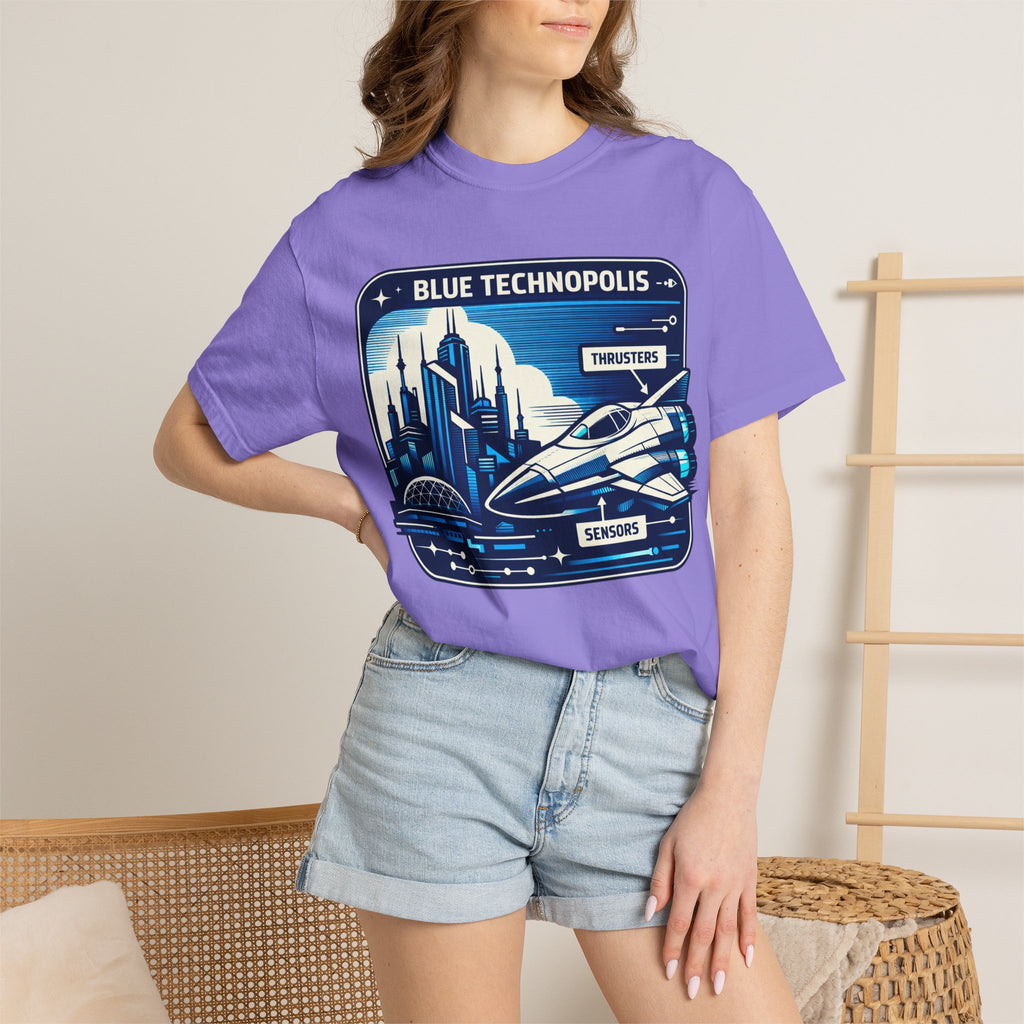 Power Runs Black PRB Technopolis Spacecraft T-Shirt — Blue Technopolis Retro Sci‑Fi Tee by Power Runs Black