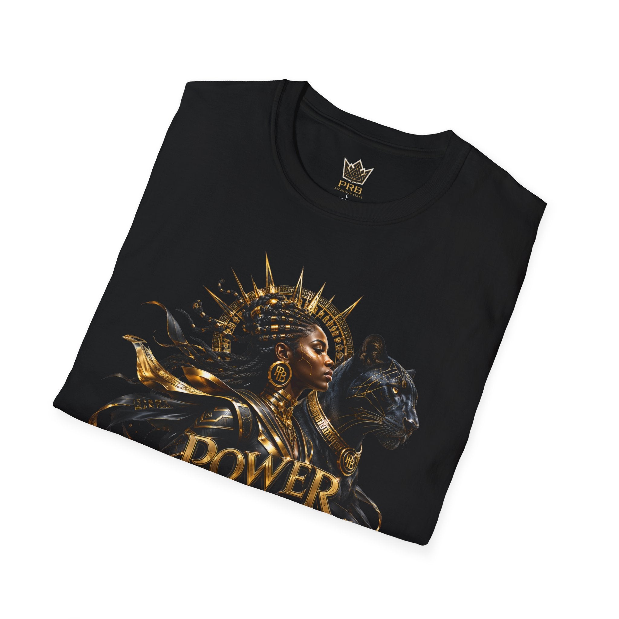 Power Runs Black PRB | Black Woman Portrait, Gold Accents Panther Graphics T by Printify