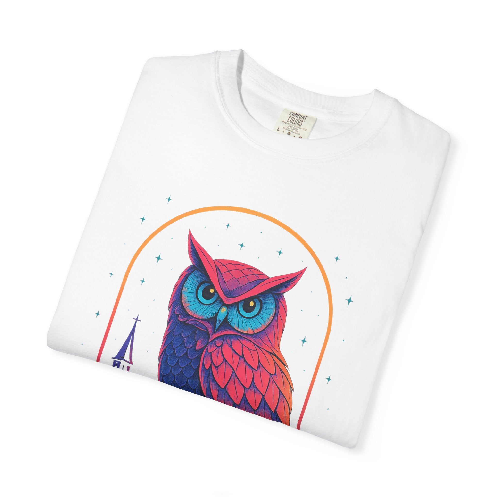 Neon Owl Illustration T-Shirt | Night Church Graphic Tee by Printify