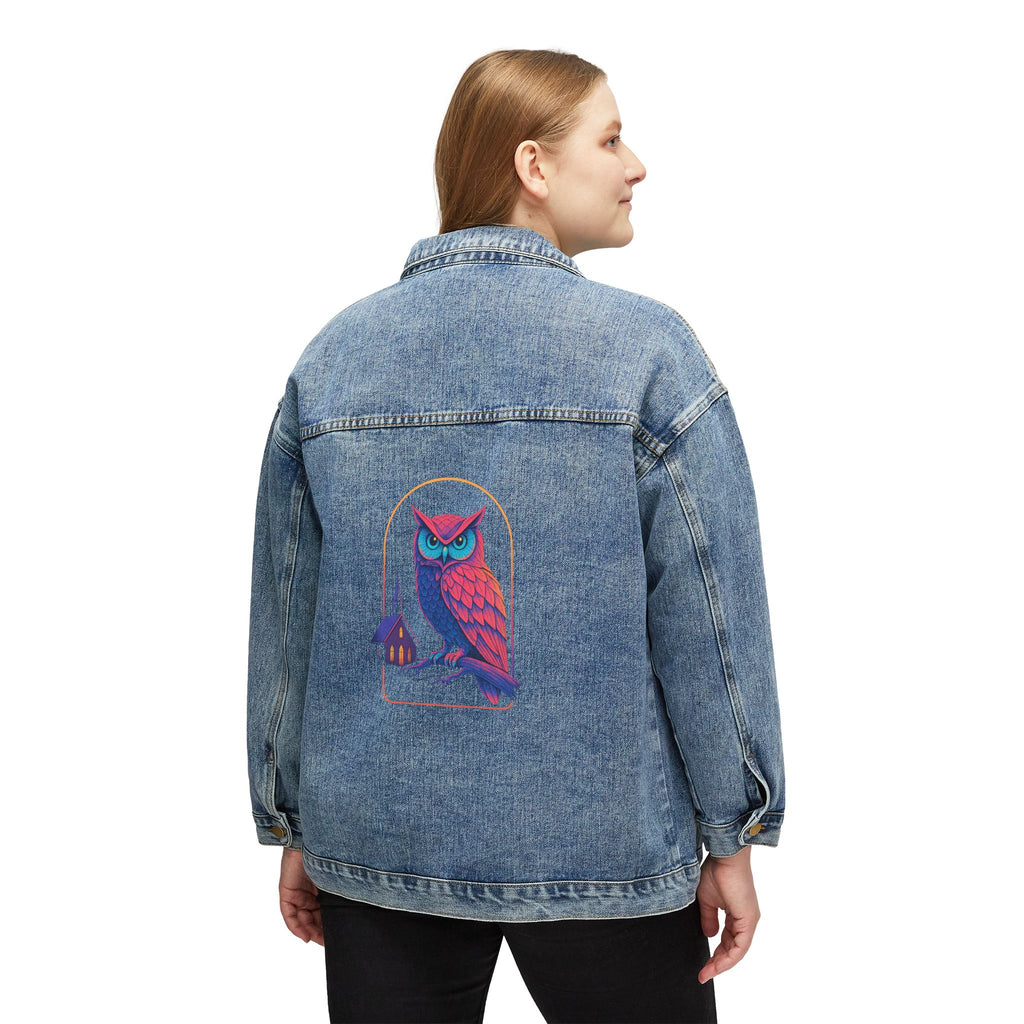 PRB Denim Jacket — Neon Owl Back Graphic Women's Jean Jacket by Power Runs Black