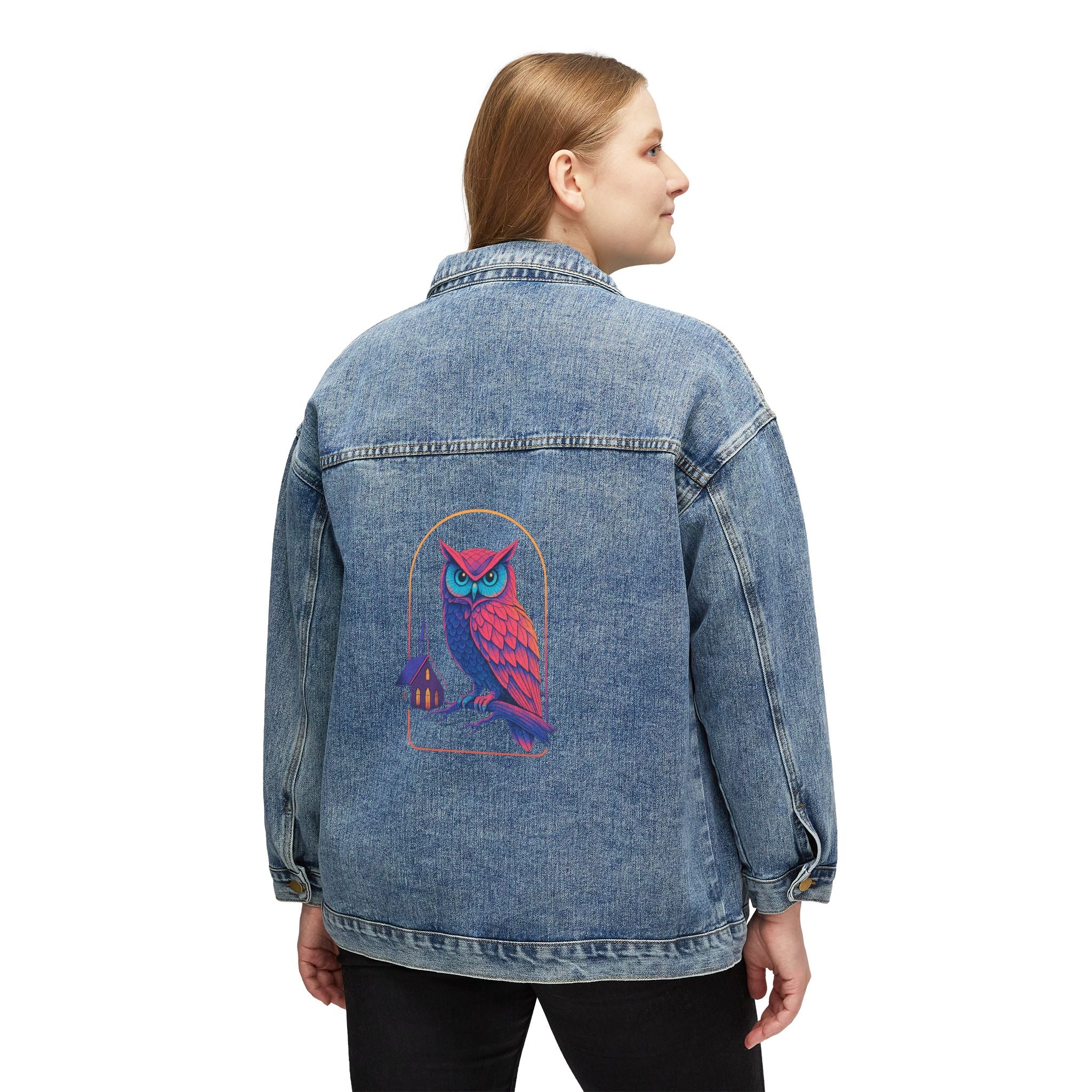 PRB Denim Jacket — Neon Owl Back Graphic Women's Jean Jacket by Power Runs Black