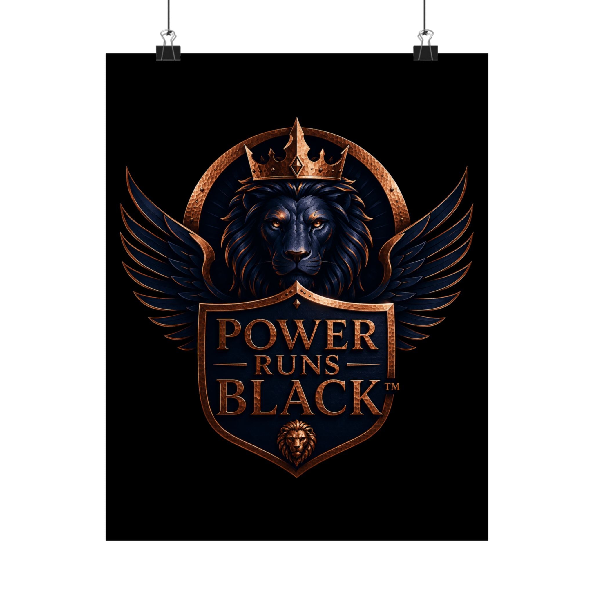 Power Runs Black Matte Poster — Regal Lion Crest Wall Art by Power Runs Black