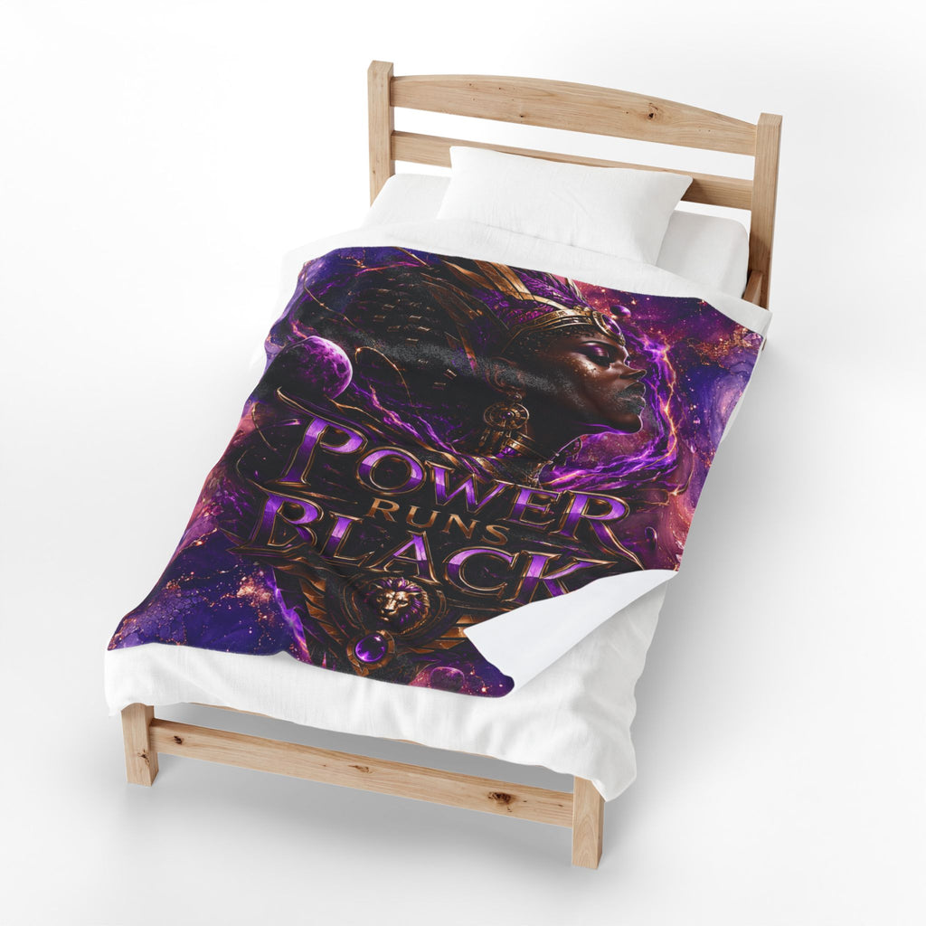 Power Runs Black Velveteen Plush Blanket - "Power Runs Black" Inspirational Afrocentric Throw Blanket by Power Runs Black