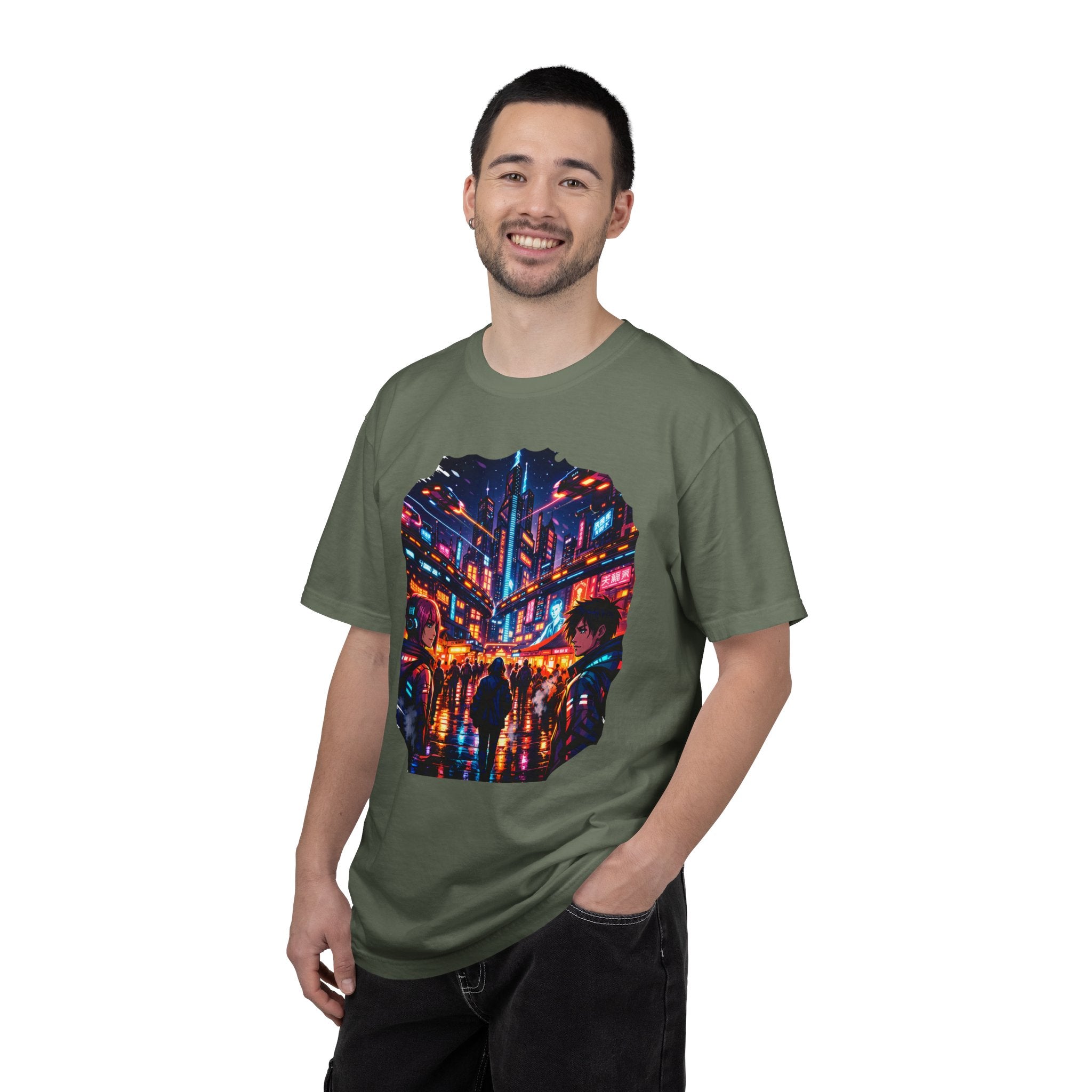 PRB Neon Cyberpunk Cityscape T-shirt | Anime Night Rain Streets by Power Runs Black