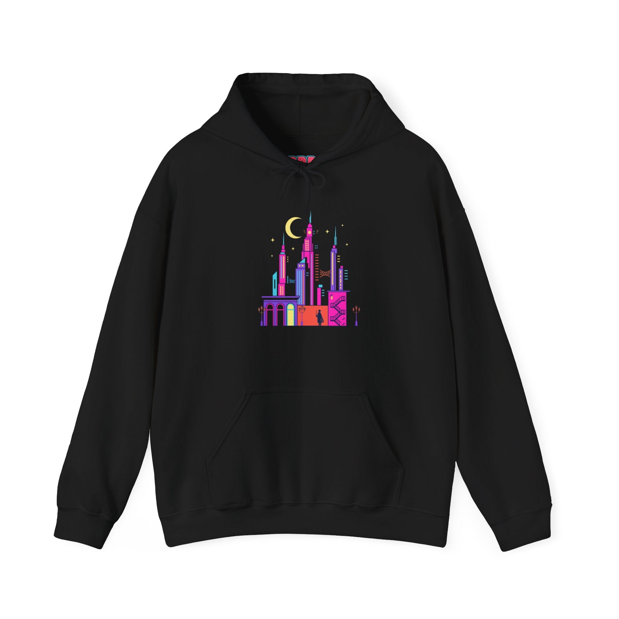 PRB Colorful City Skyline Hoodie – Vibrant Nighttime Urban Graphic by Printify