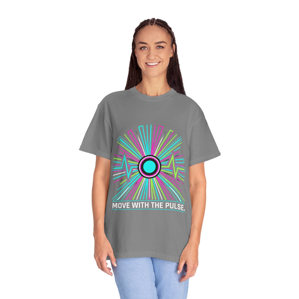 Power Runs Black PRB Electric "Move With Pulse" Graphic T-Shirt — Neon Sunburst Design by Power Runs Black