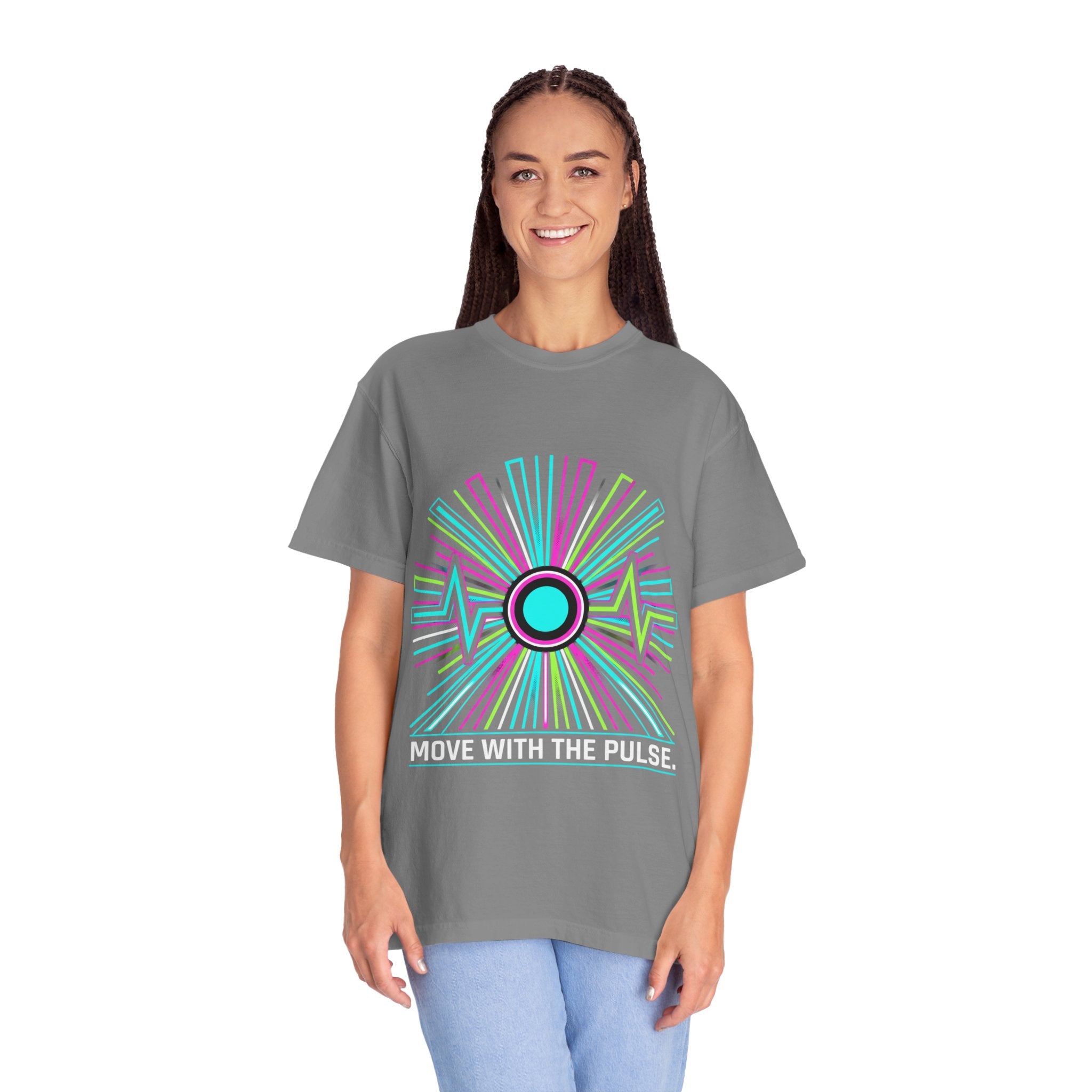 Power Runs Black PRB Electric "Move With Pulse" Graphic T-Shirt — Neon Sunburst Design by Power Runs Black