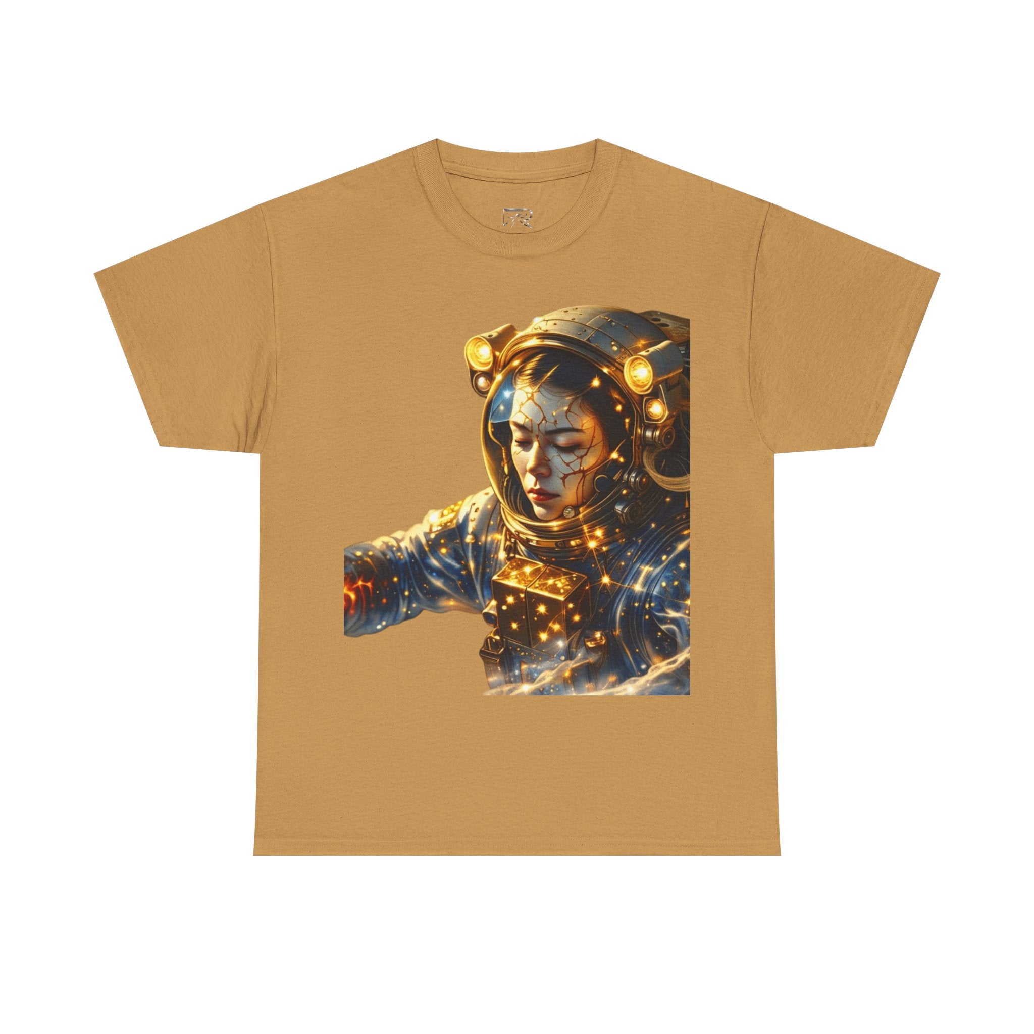 Power Runs Black PRB Golden Astronaut Portrait T-Shirt | Space Helmet Art, Cosmic Lights by Printify