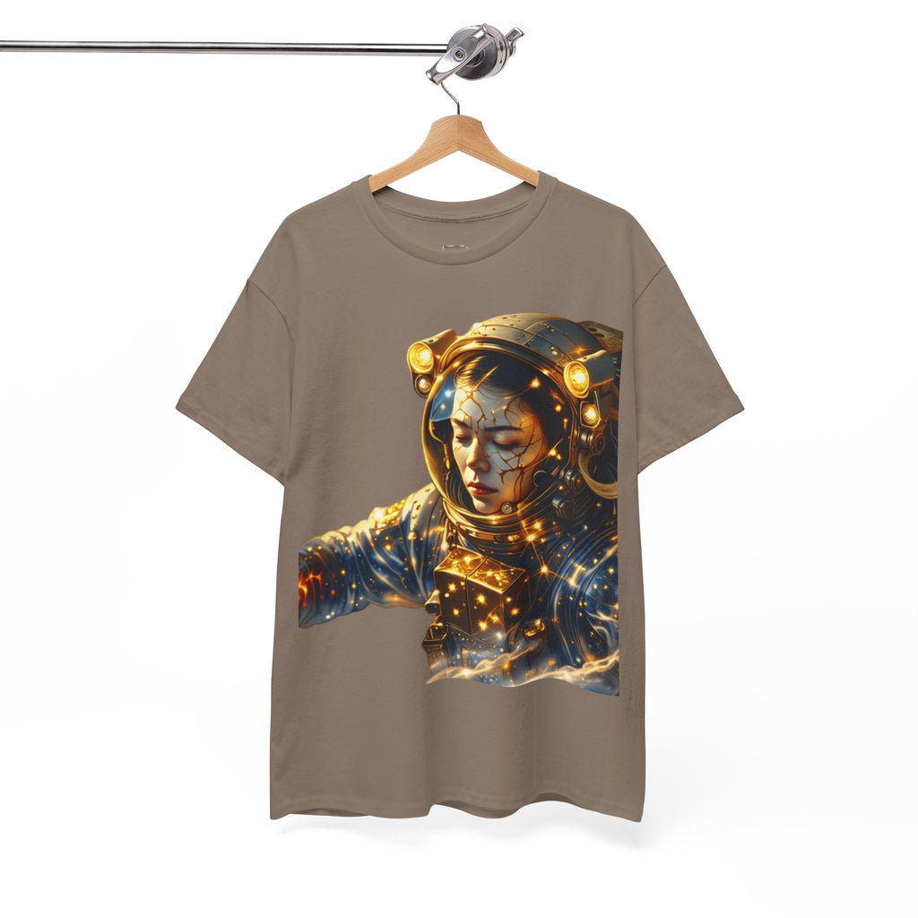 Power Runs Black PRB Golden Astronaut Portrait T-Shirt | Space Helmet Art, Cosmic Lights by Printify