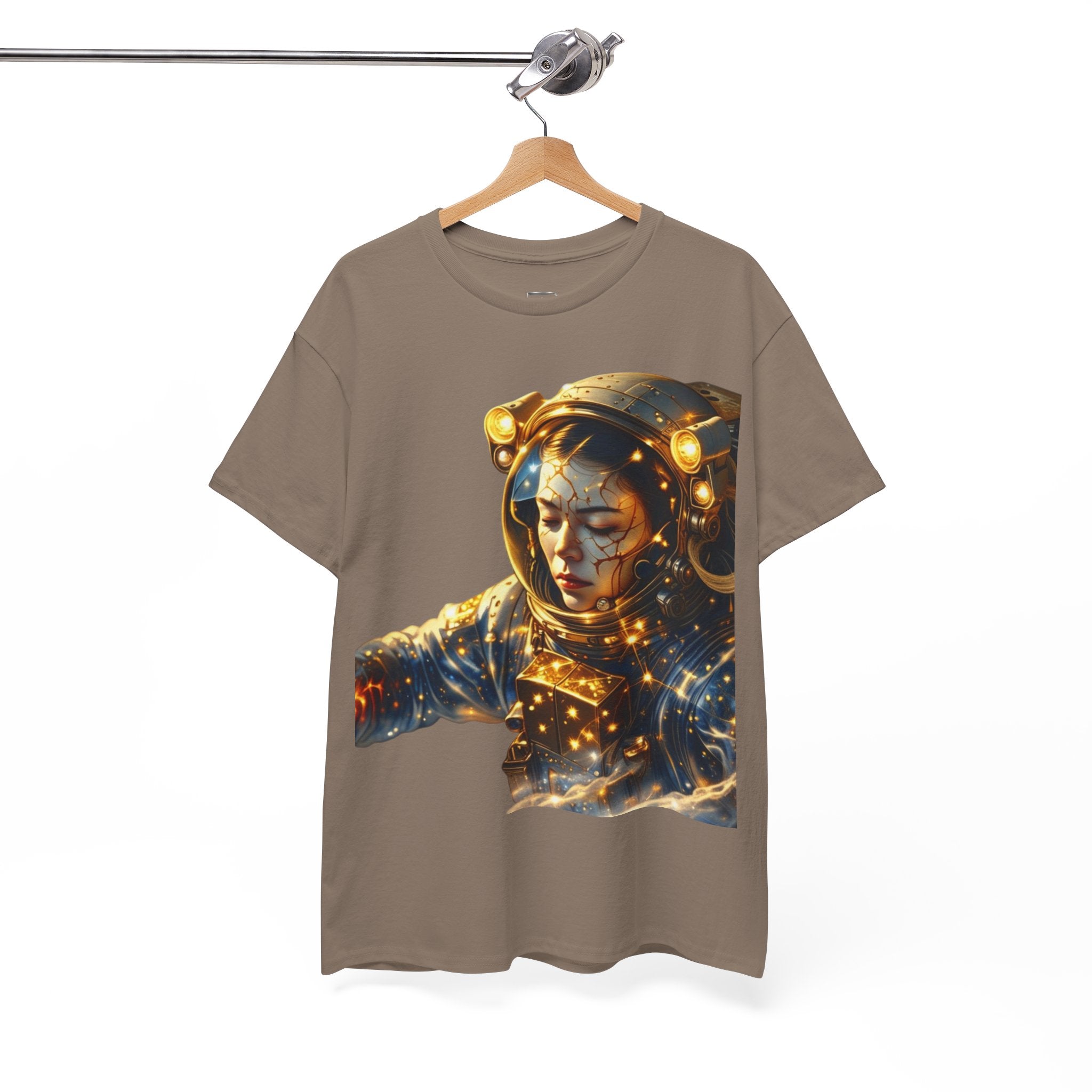 Power Runs Black PRB Golden Astronaut Portrait T-Shirt | Space Helmet Art, Cosmic Lights by Printify