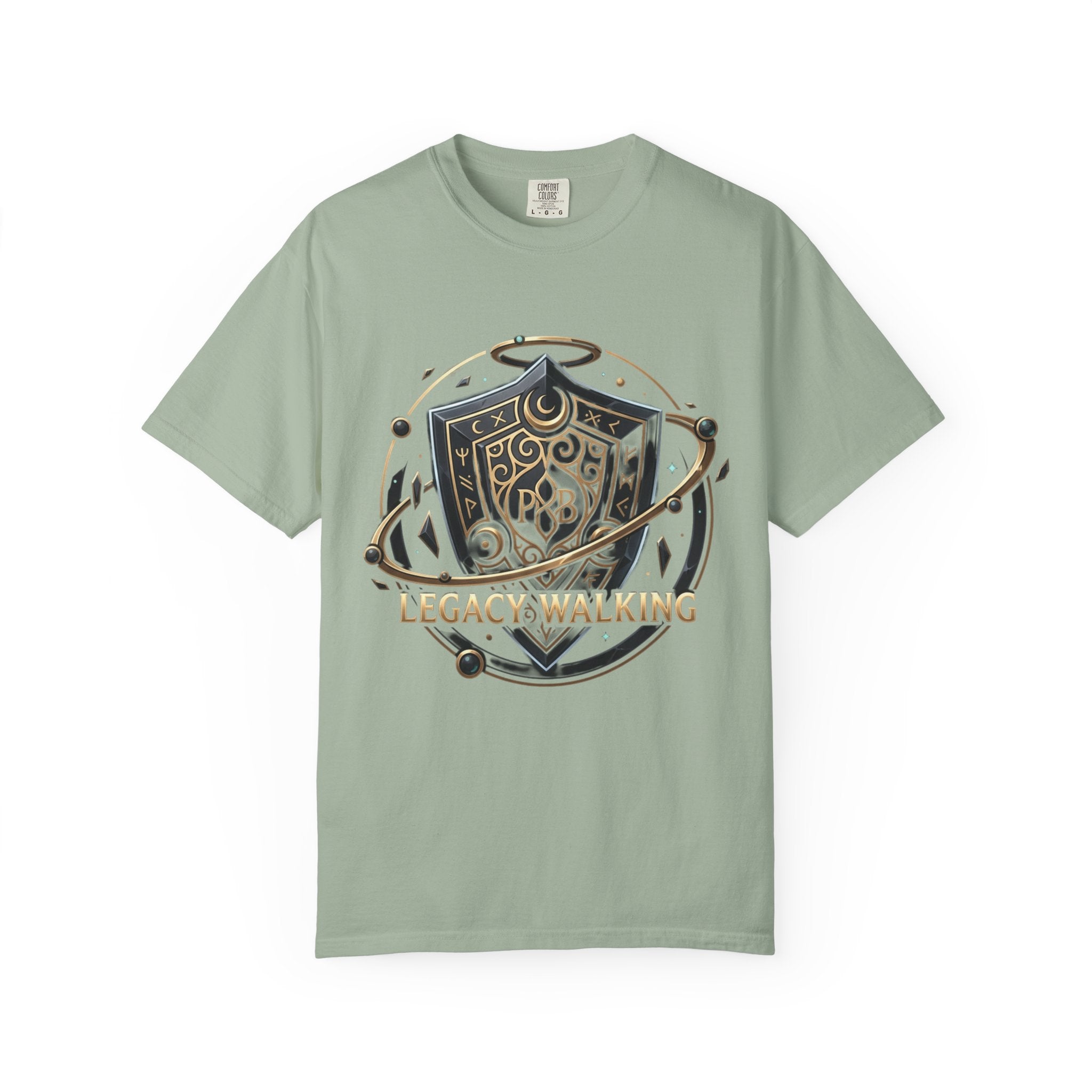 Legacy Walking Shield Graphic T-Shirt | Fantasy Crest Emblem Tee by Printify