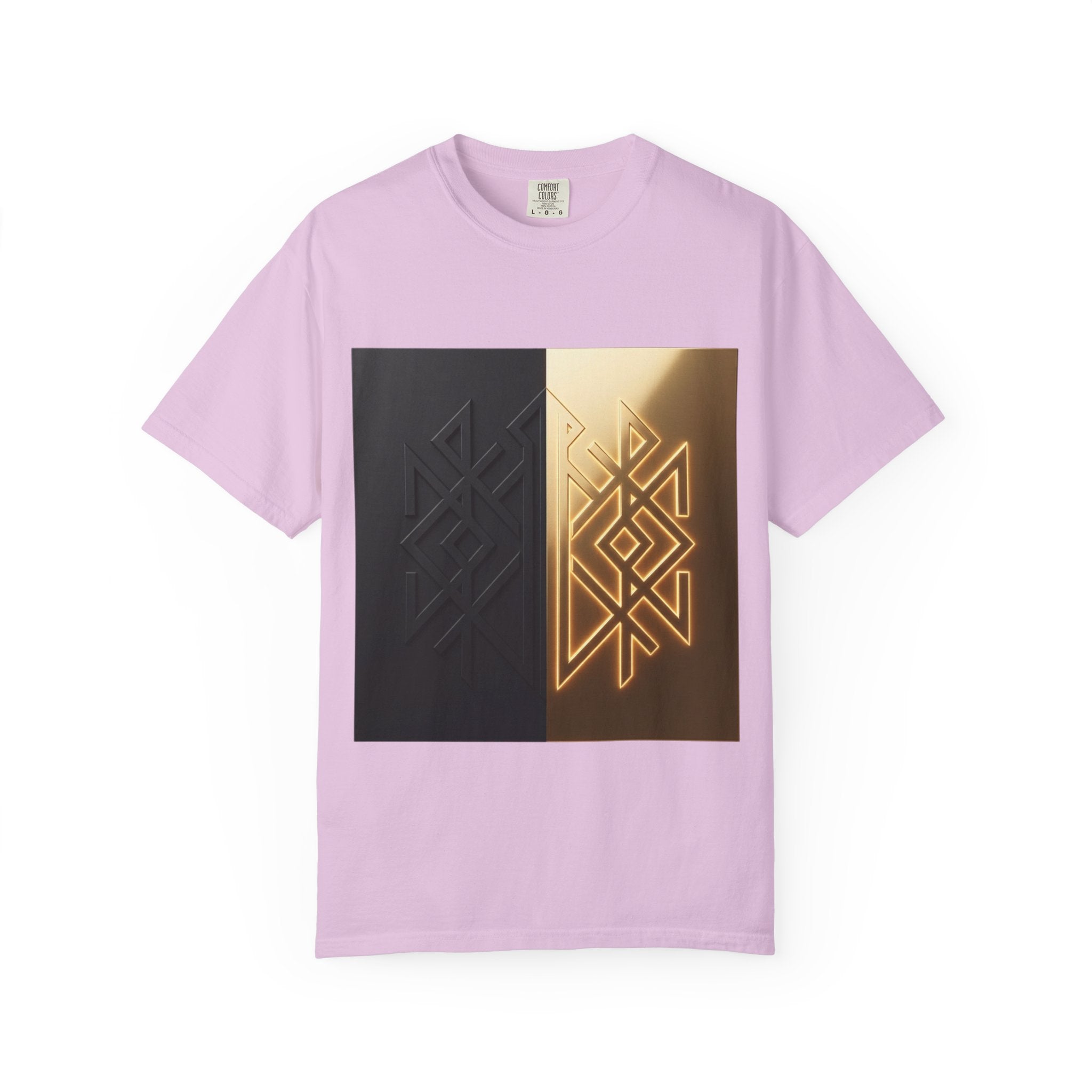 Power Runs Black PRB Geometric Split Glow T-Shirt — Black & Gold Tribal Diamond Graphic by Power Runs Black
