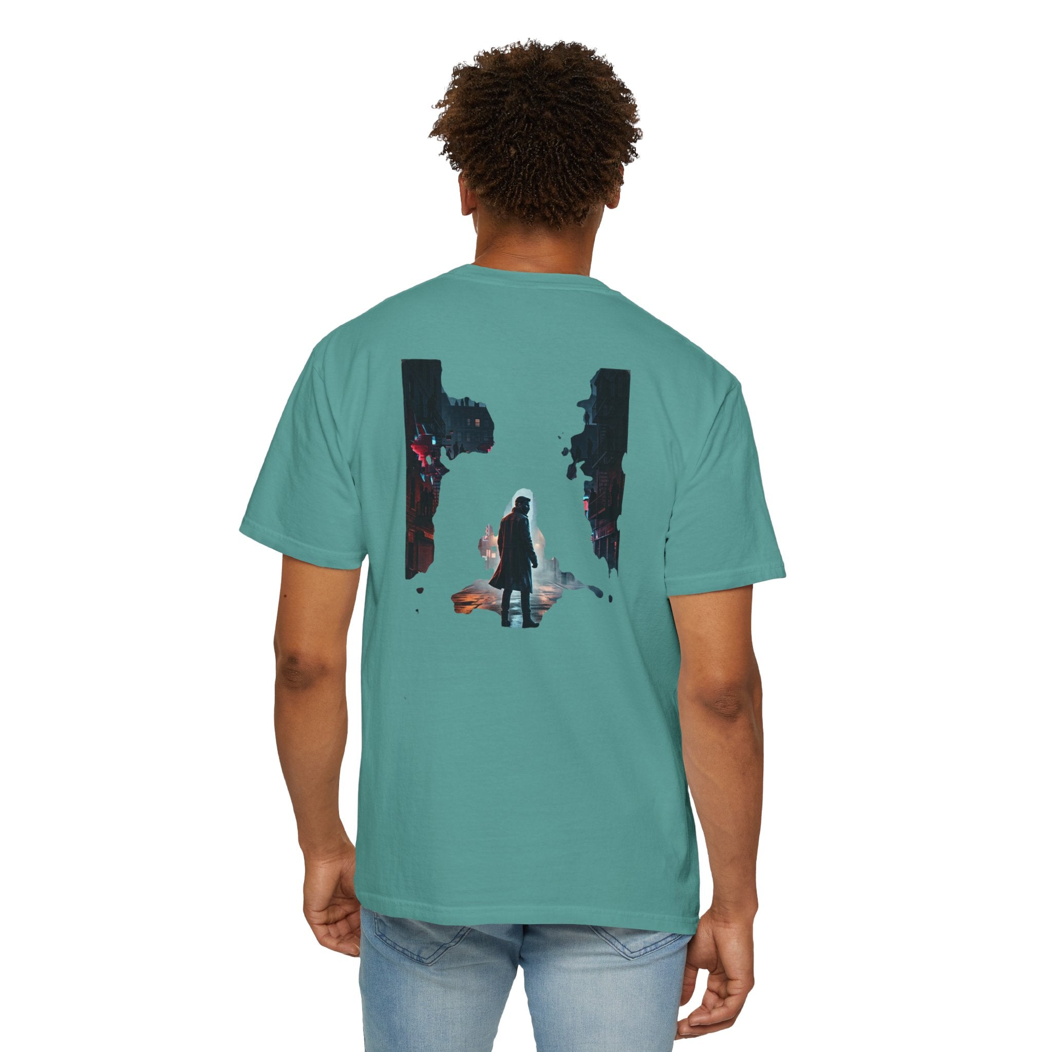 Syndication Loop Cyberpunk Portrait Tee — Tech-Noir Graphic T-Shirt | Power Runs Black by Printify
