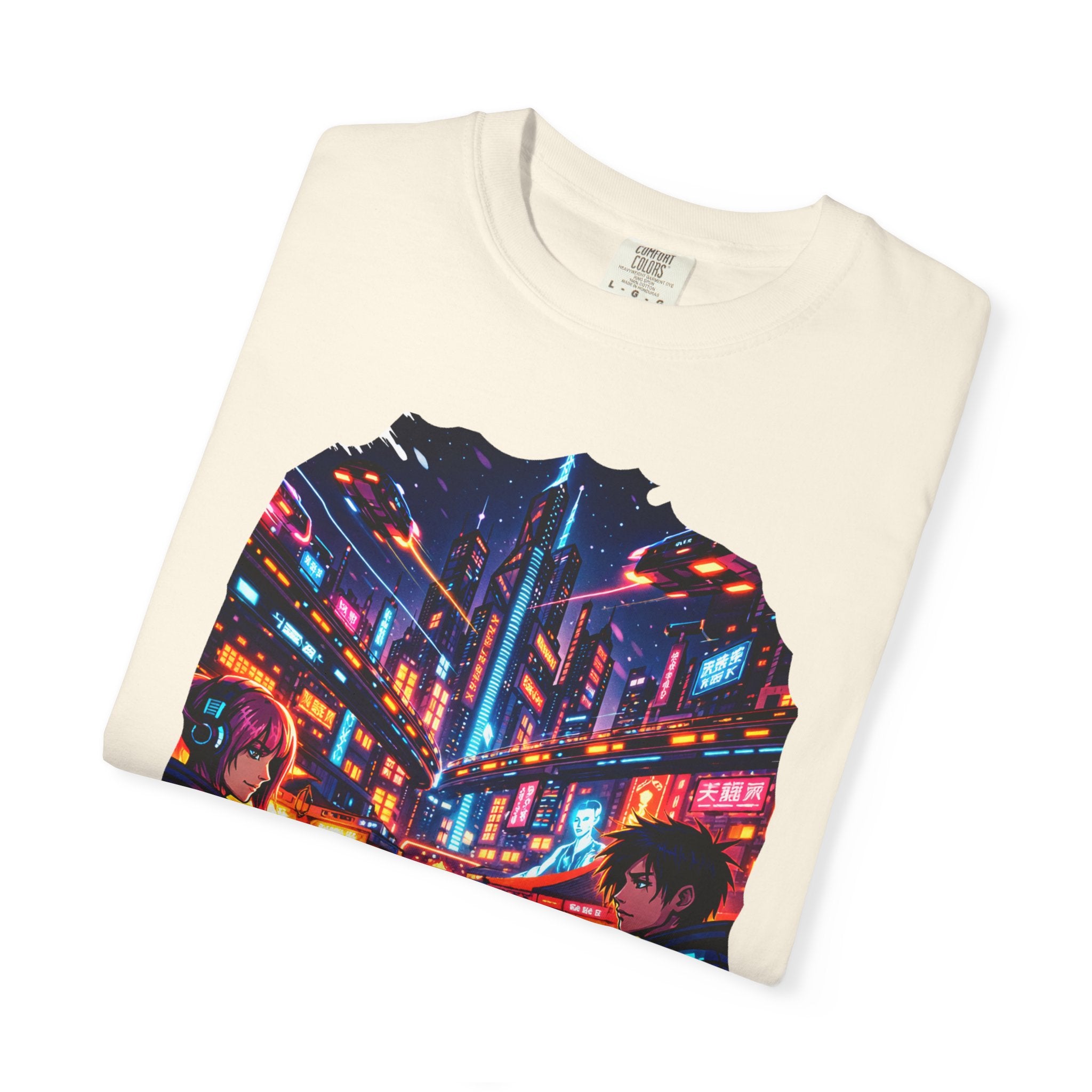 PRB Neon Cyberpunk Cityscape T-shirt | Anime Night Rain Streets by Power Runs Black