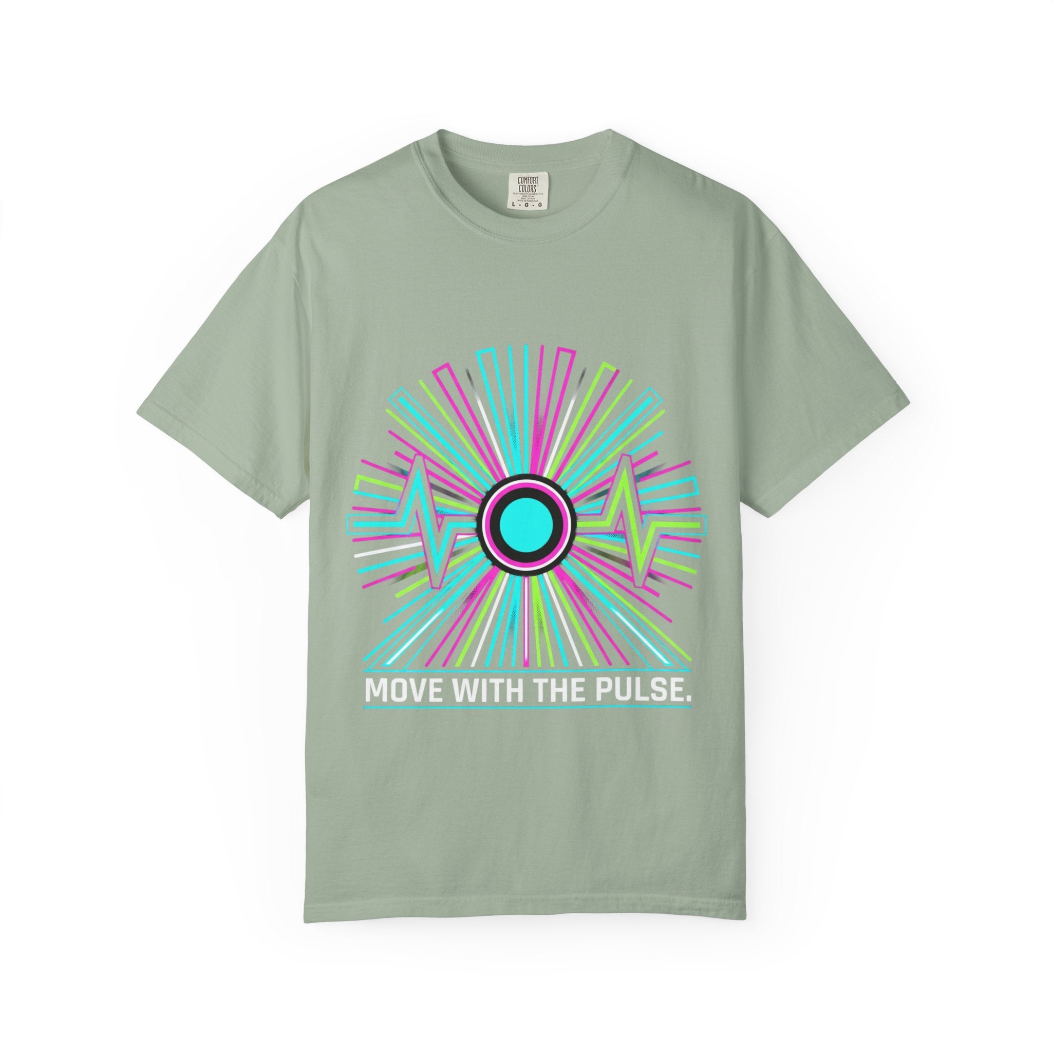 Power Runs Black PRB Electric "Move With Pulse" Graphic T-Shirt — Neon Sunburst Design by Printify