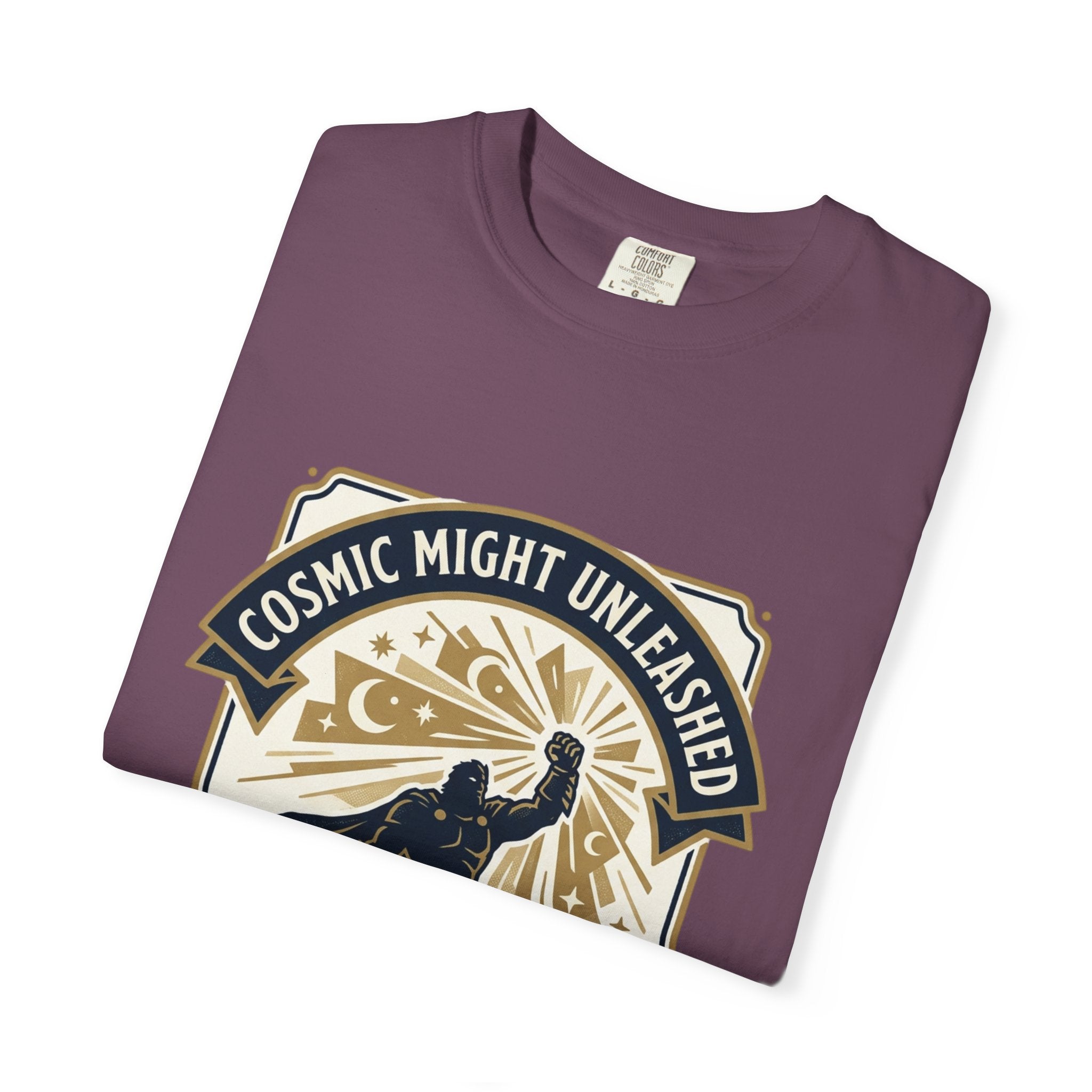 PRB Starforged Flex Cosmic Might Unleashed T-Shirt — Retro Superhero Space Graphic ('Power Does Not Rise, It Returns') by Power Runs Black