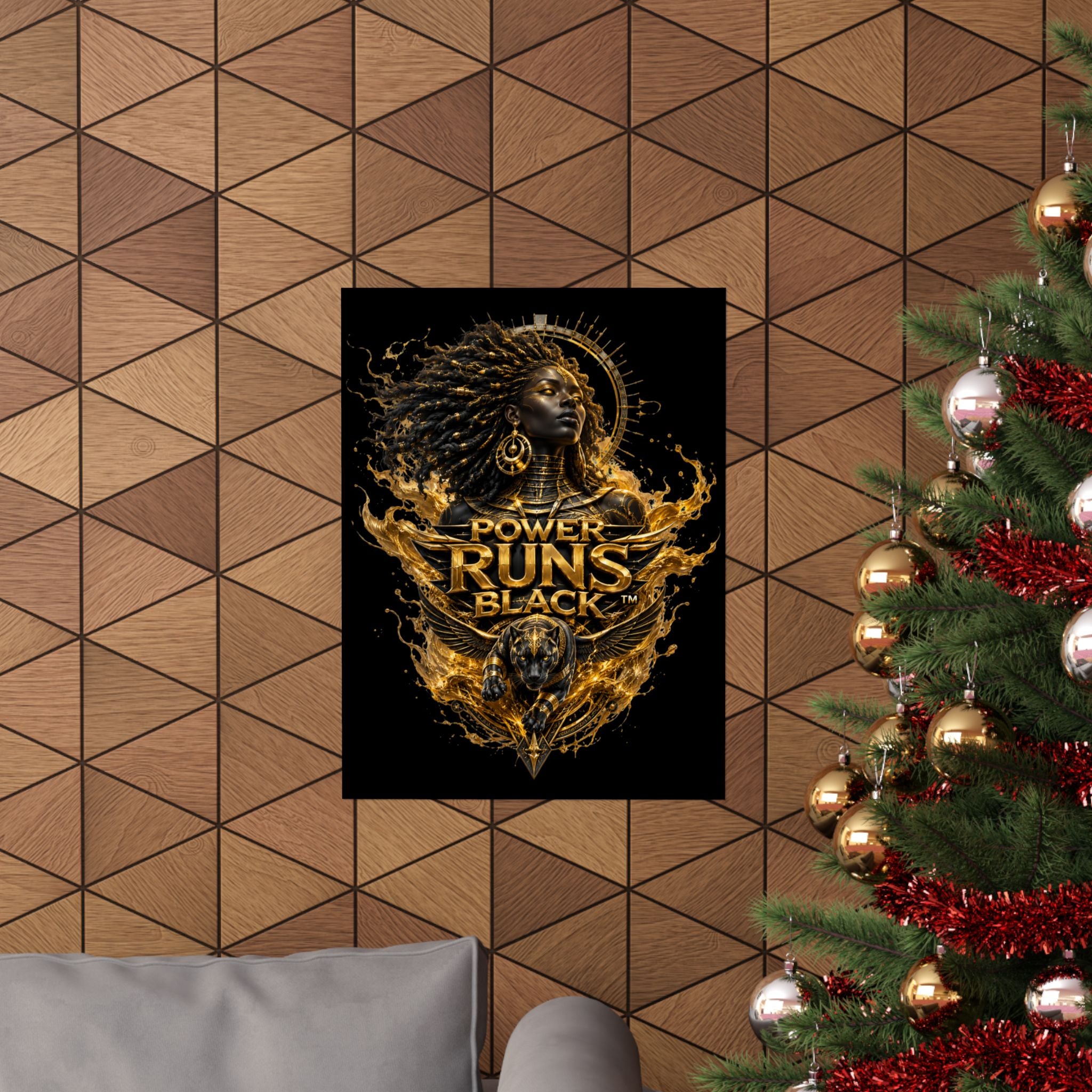 Power Runs Black Matte Poster — Afrocentric Gold Goddess Wall Art by Power Runs Black