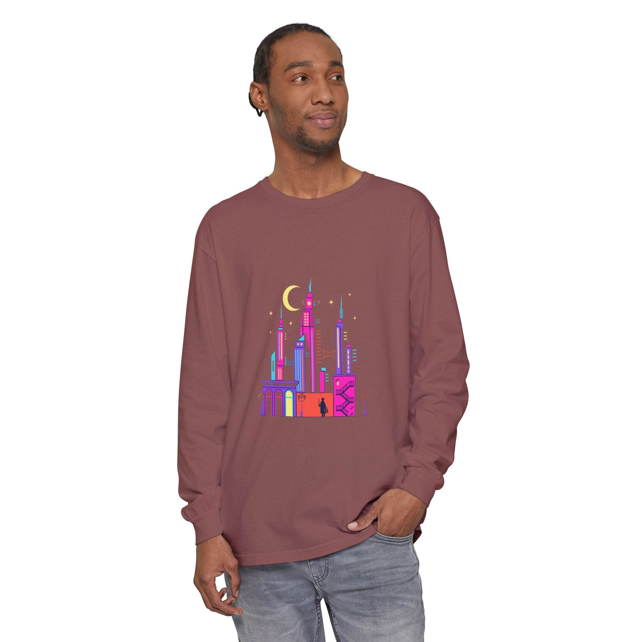 PRB Neon City Skyline Long Sleeve Shirt | Urban Nightscape Illustration by Power Runs Black