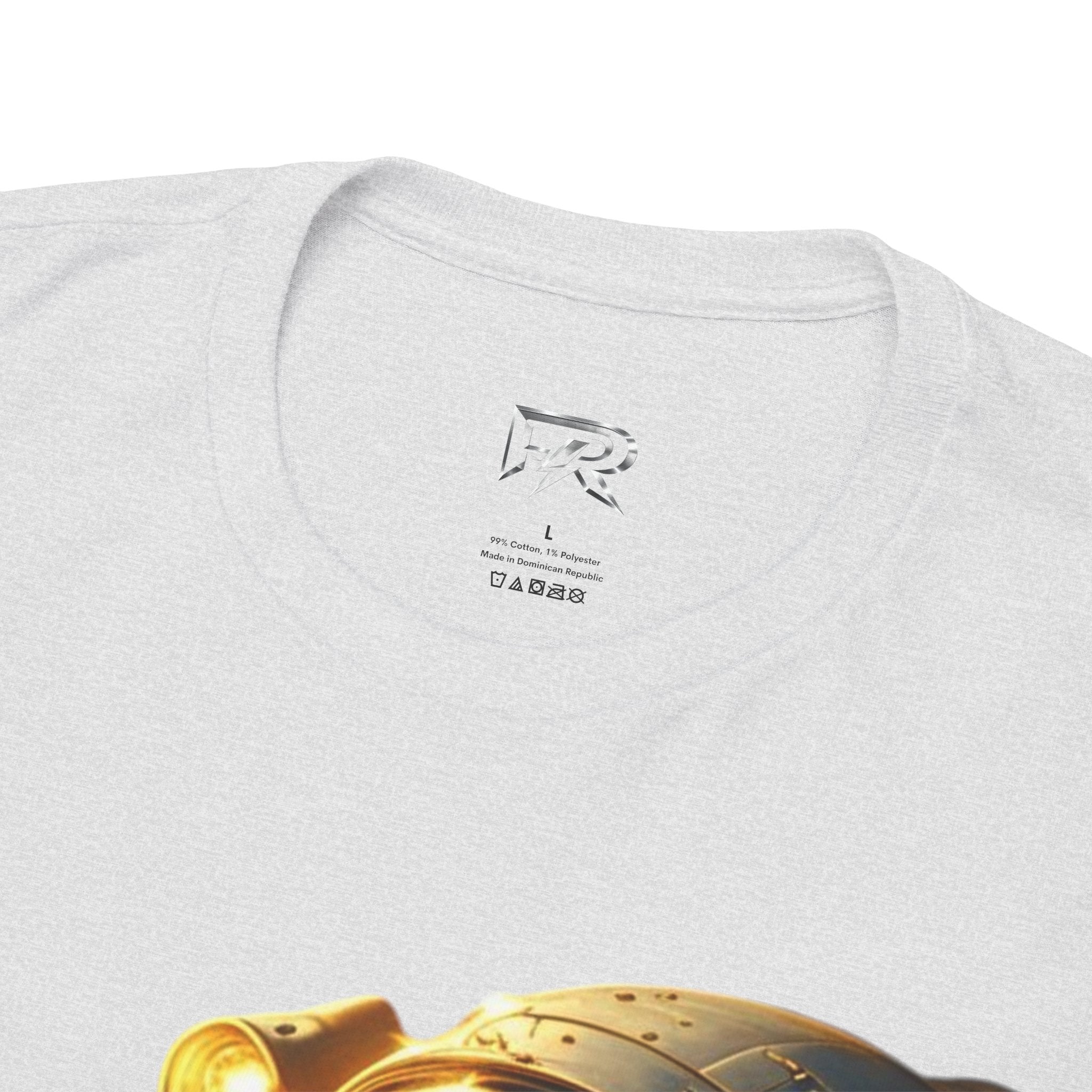 Power Runs Black PRB Golden Astronaut Portrait T-Shirt | Space Helmet Art, Cosmic Lights by Printify