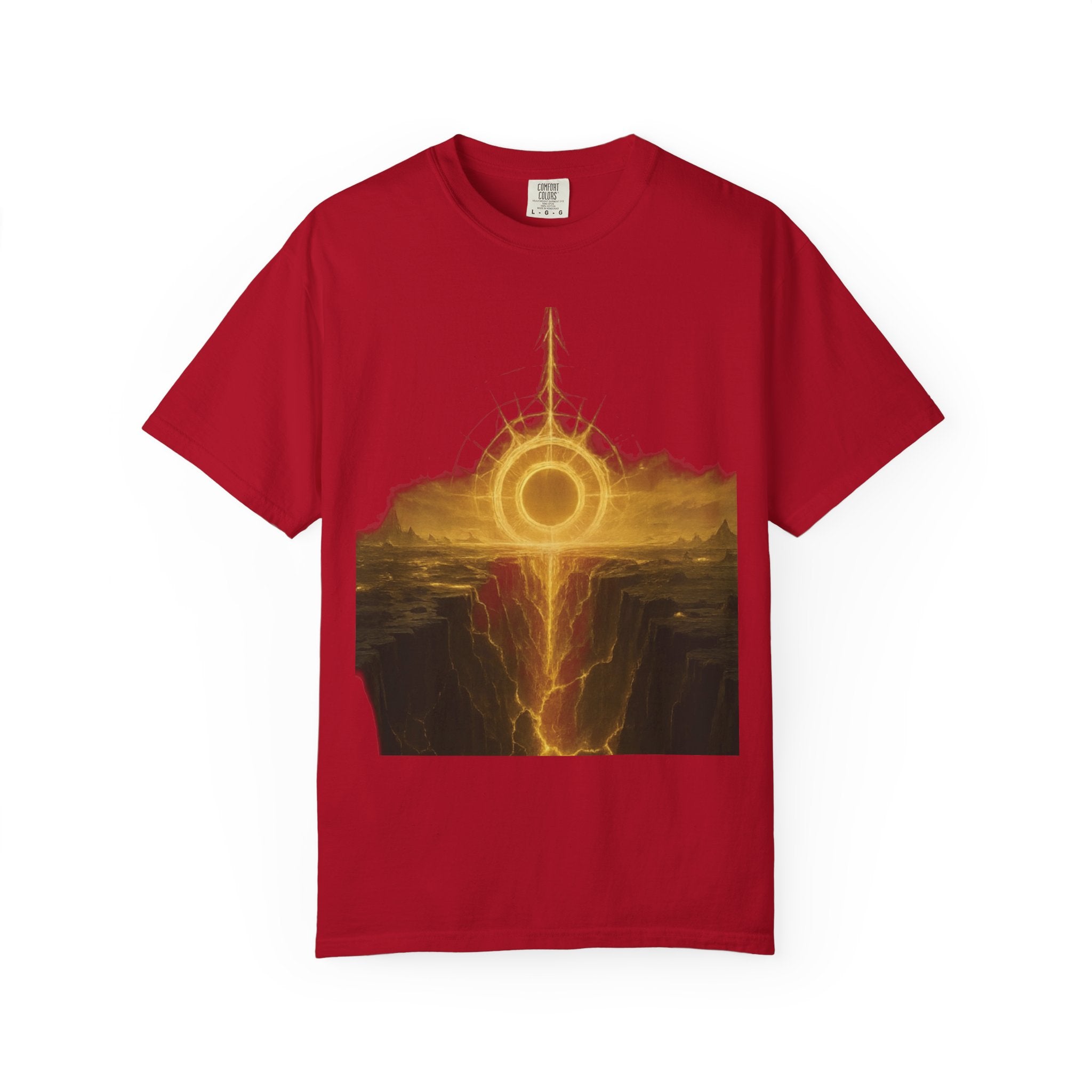 Power Runs Black PRB Golden Eclipse Portal T-shirt | Fantasy Landscape, Mystic Ring, Tower Art by Power Runs Black