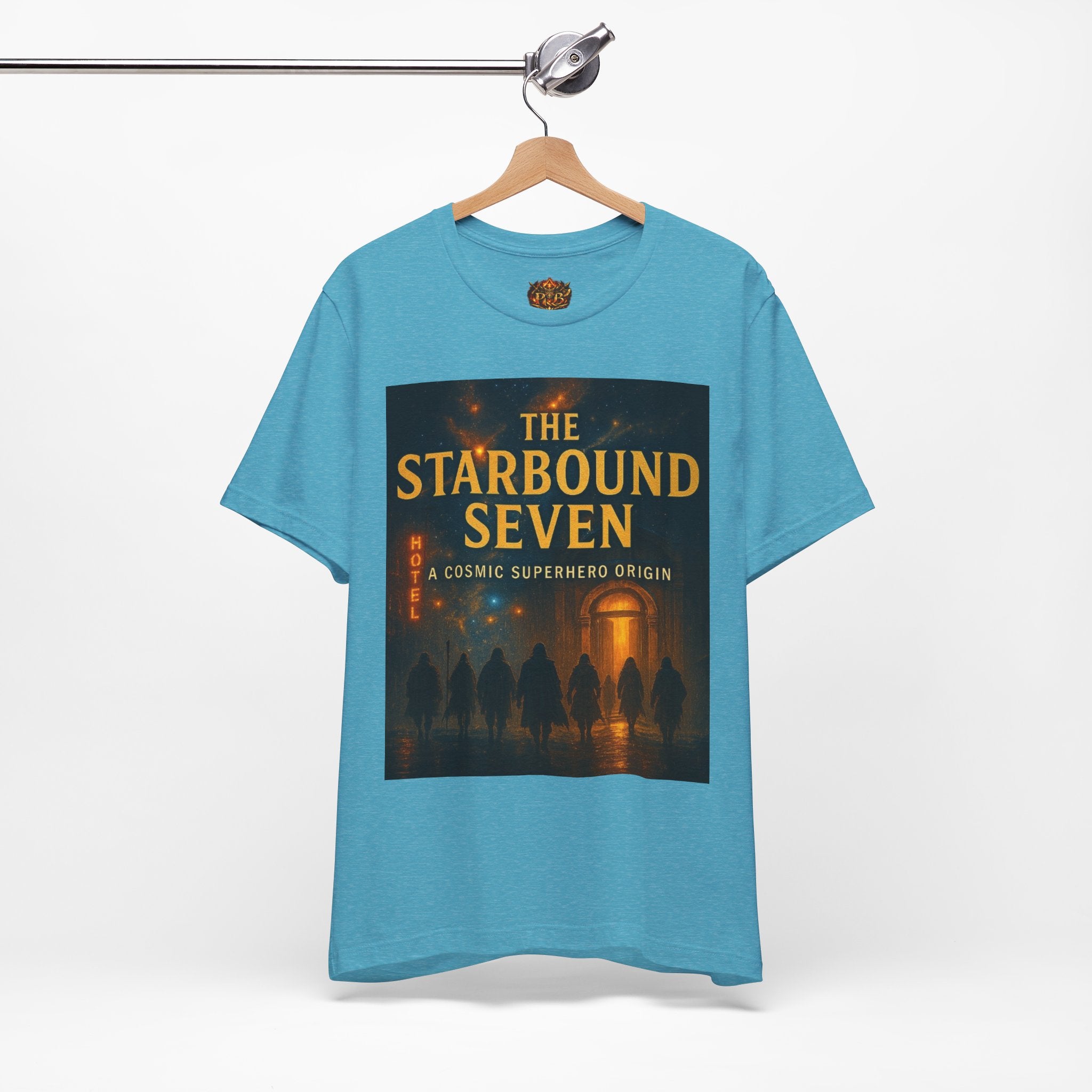 Power Runs Black PRB The Starbound Seven Tee – Retro Cosmic Superhero Poster Shirt by Power Runs Black