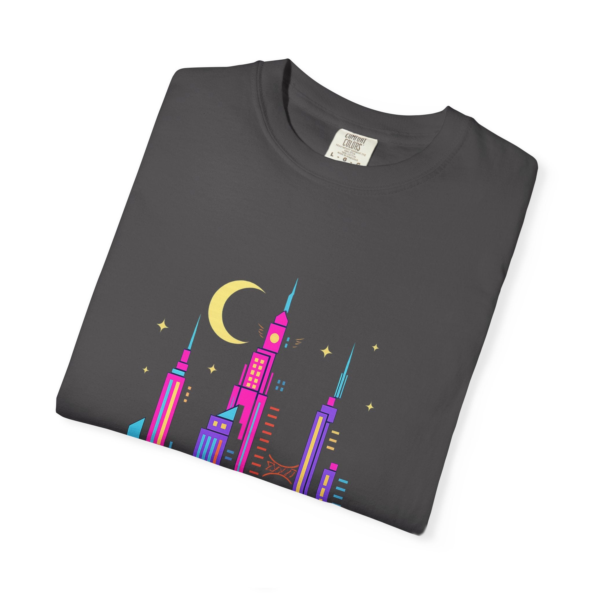 PRB Neon City Skyline T-shirt | Vibrant Urban Nightscape Tee by Power Runs Black