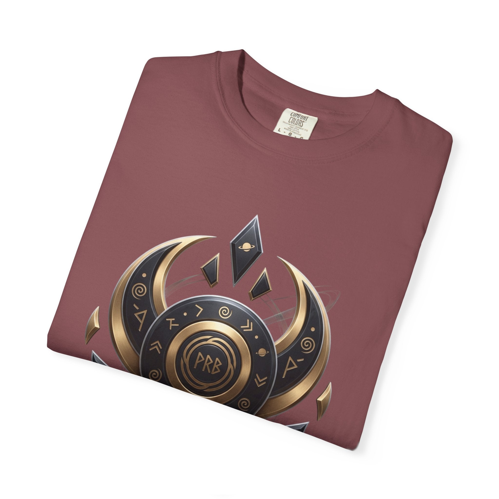 Power Runs Black Mystic Compass Disc T-Shirt — Geometric Gold & Black Emblem Tee by Printify