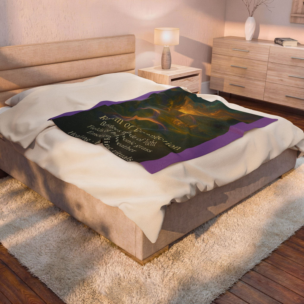 PRB Realm of Connection velveteen plush blanket | ethereal landscape, light bridges, healing text by Power Runs Black