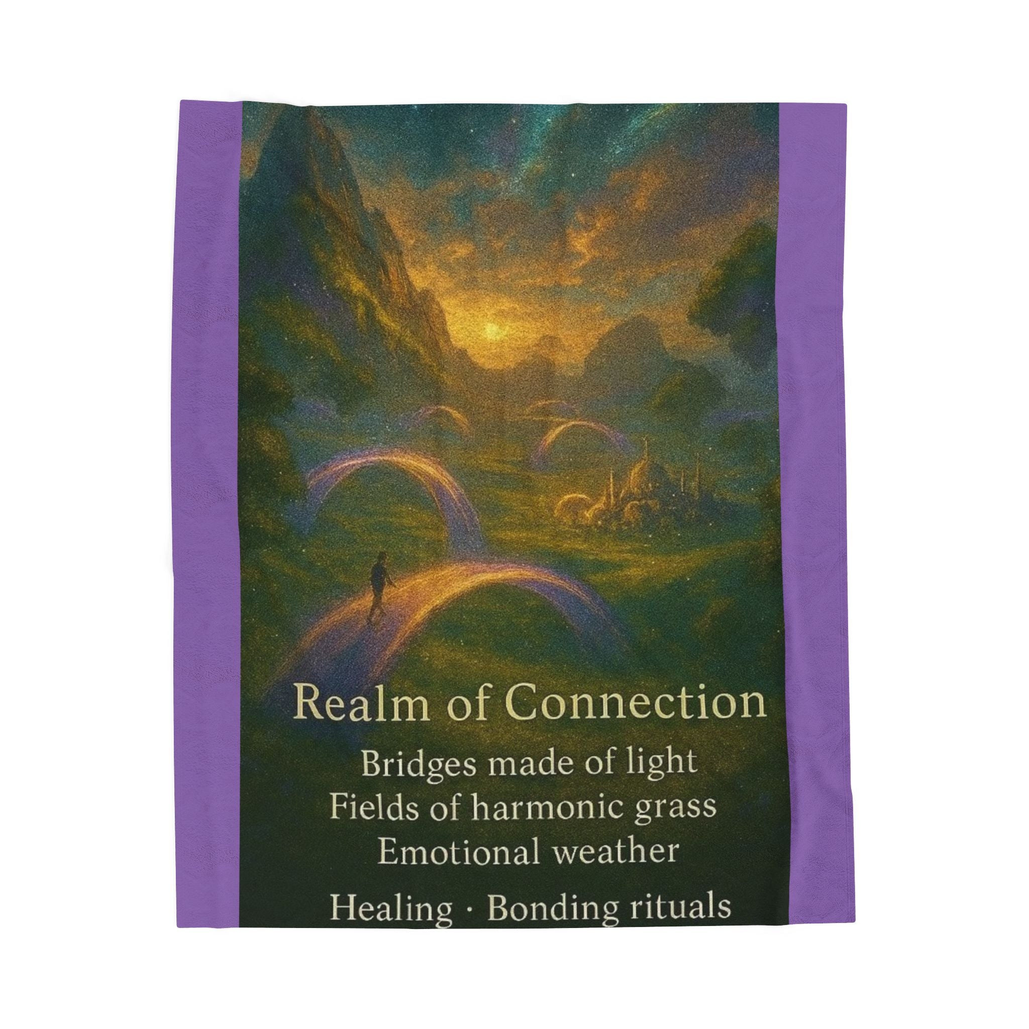PRB Realm of Connection velveteen plush blanket | ethereal landscape, light bridges, healing text by Power Runs Black