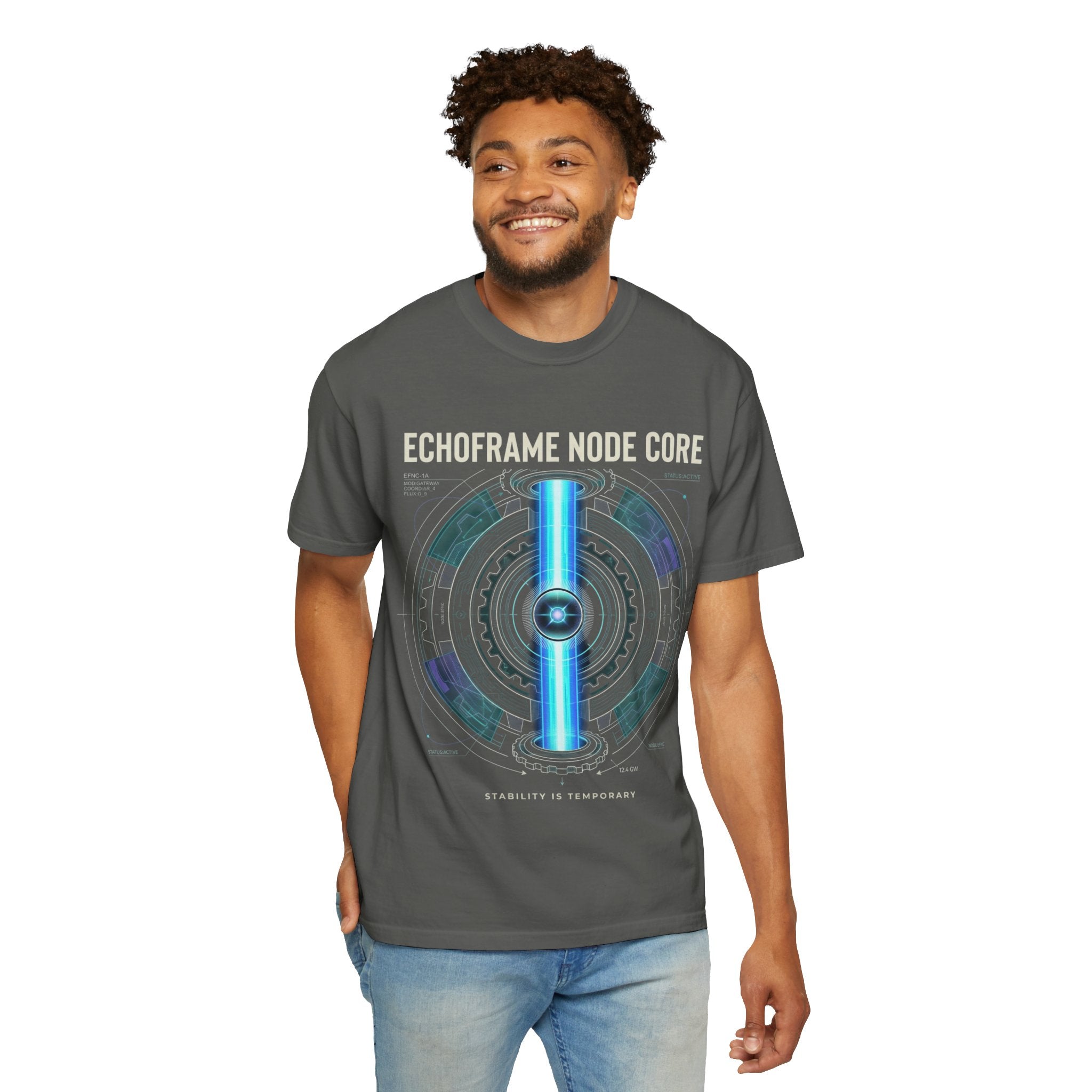 Power Runs Black PRB Echoframe Node Core T-Shirt — Futuristic Tech Graphic Tee by Power Runs Black