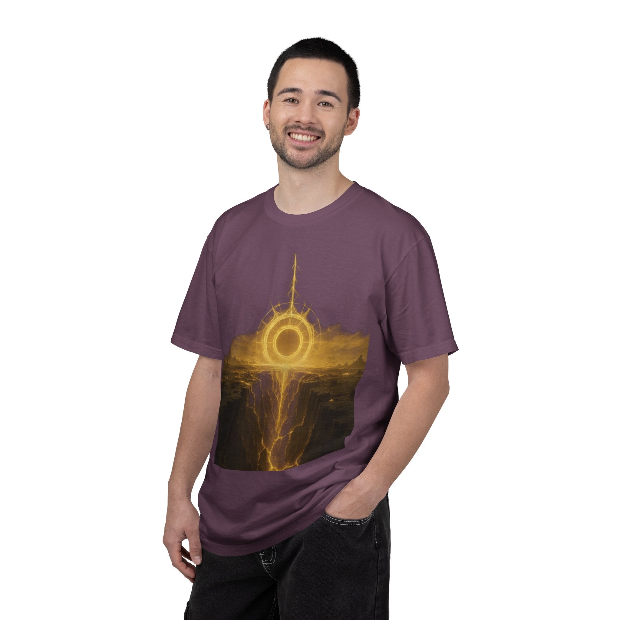 Power Runs Black PRB Golden Eclipse Portal T-shirt | Fantasy Landscape, Mystic Ring, Tower Art by Power Runs Black