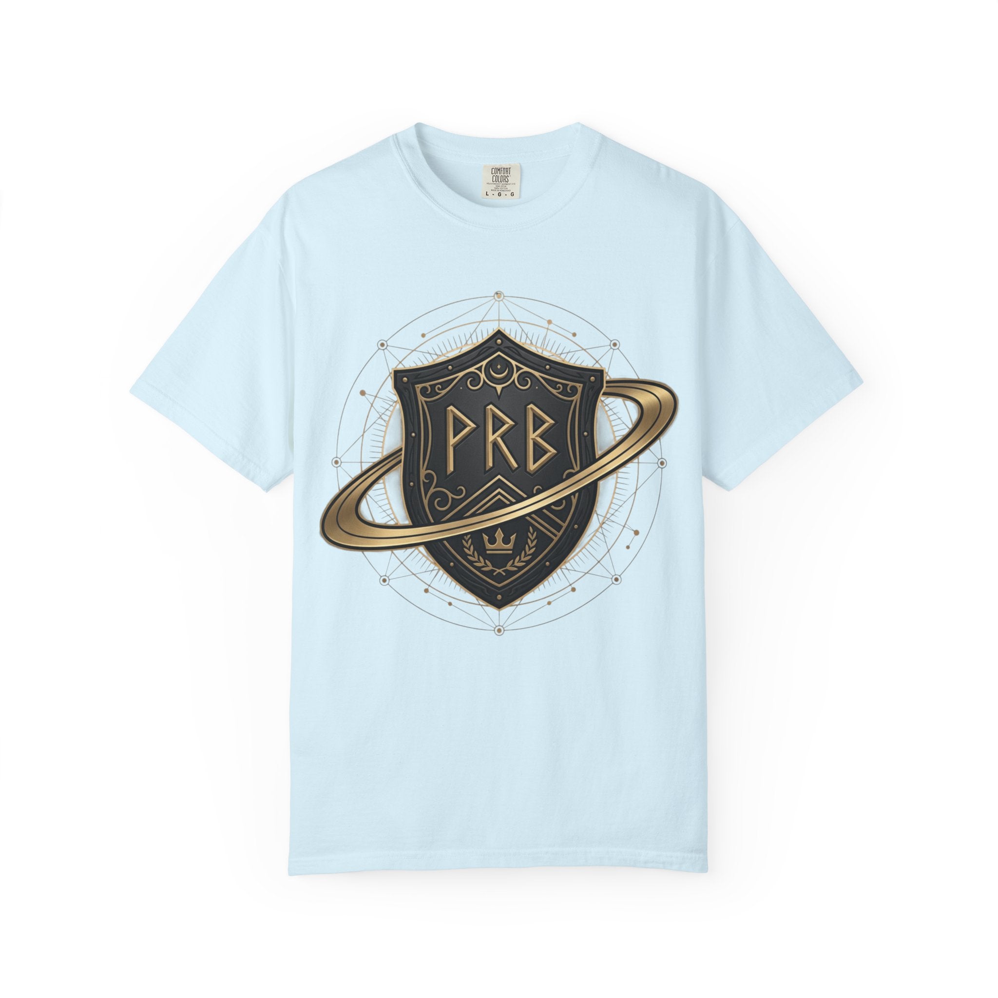 Power Runs Black Astral Crest Shield PRB T-Shirt | Saturn Ring Emblem, Gothic Heraldry by Printify
