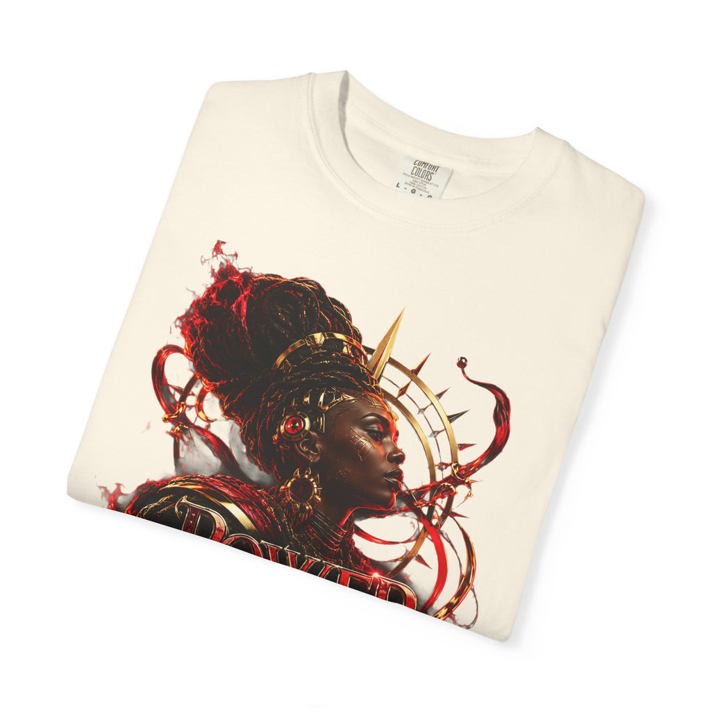 Power Runs Black T-Shirt — Afrocentric Crowned Goddess Graphic Tee by Printify